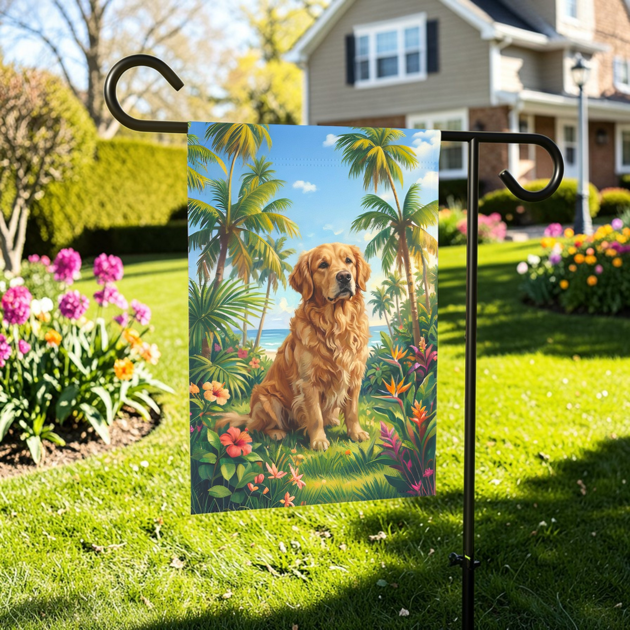 Palm Tree Summer Golden Retriever Garden Flag - front view - Dragonfire Gardens