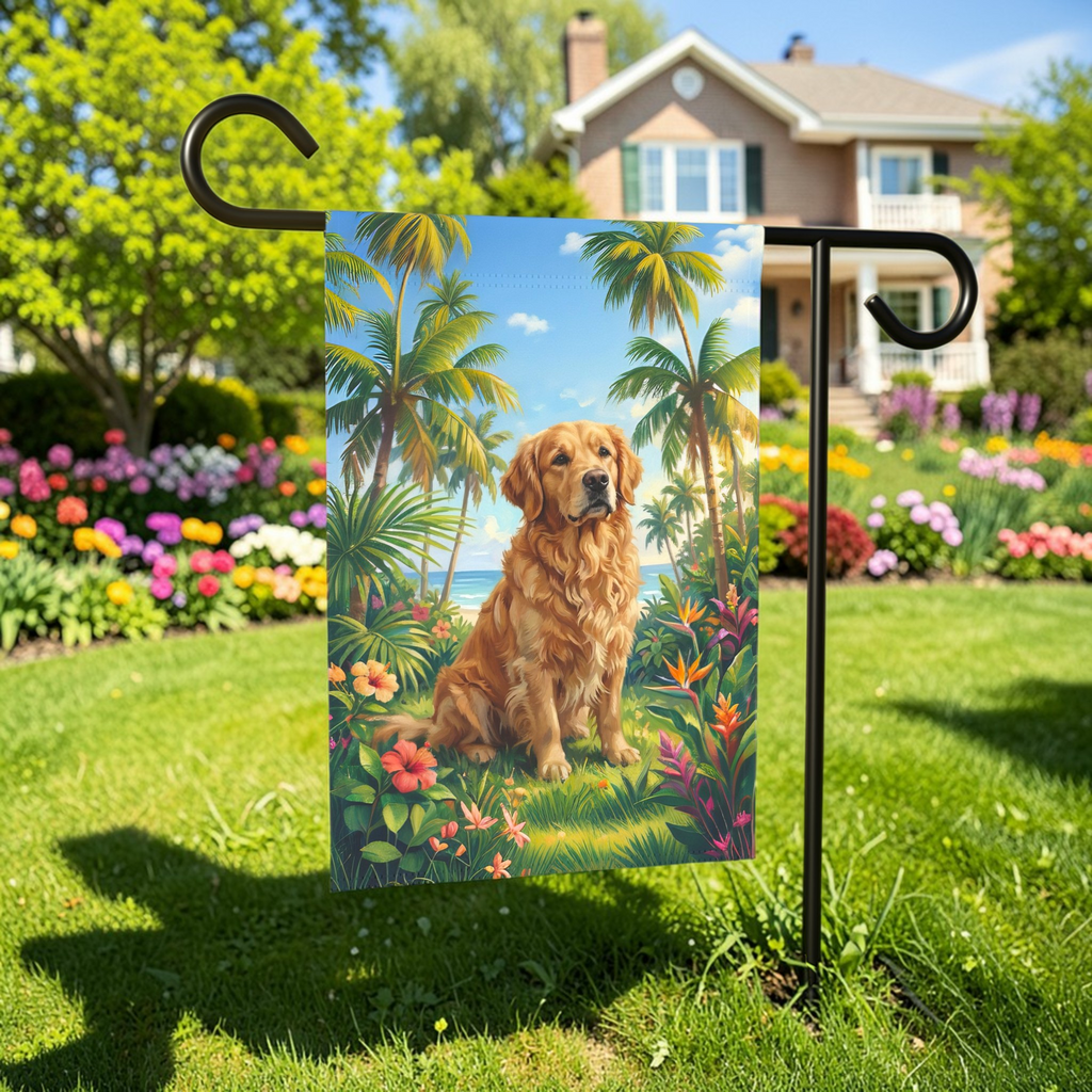Palm Tree Summer Golden Retriever Garden Flag - outdoor display - Dragonfire Gardens