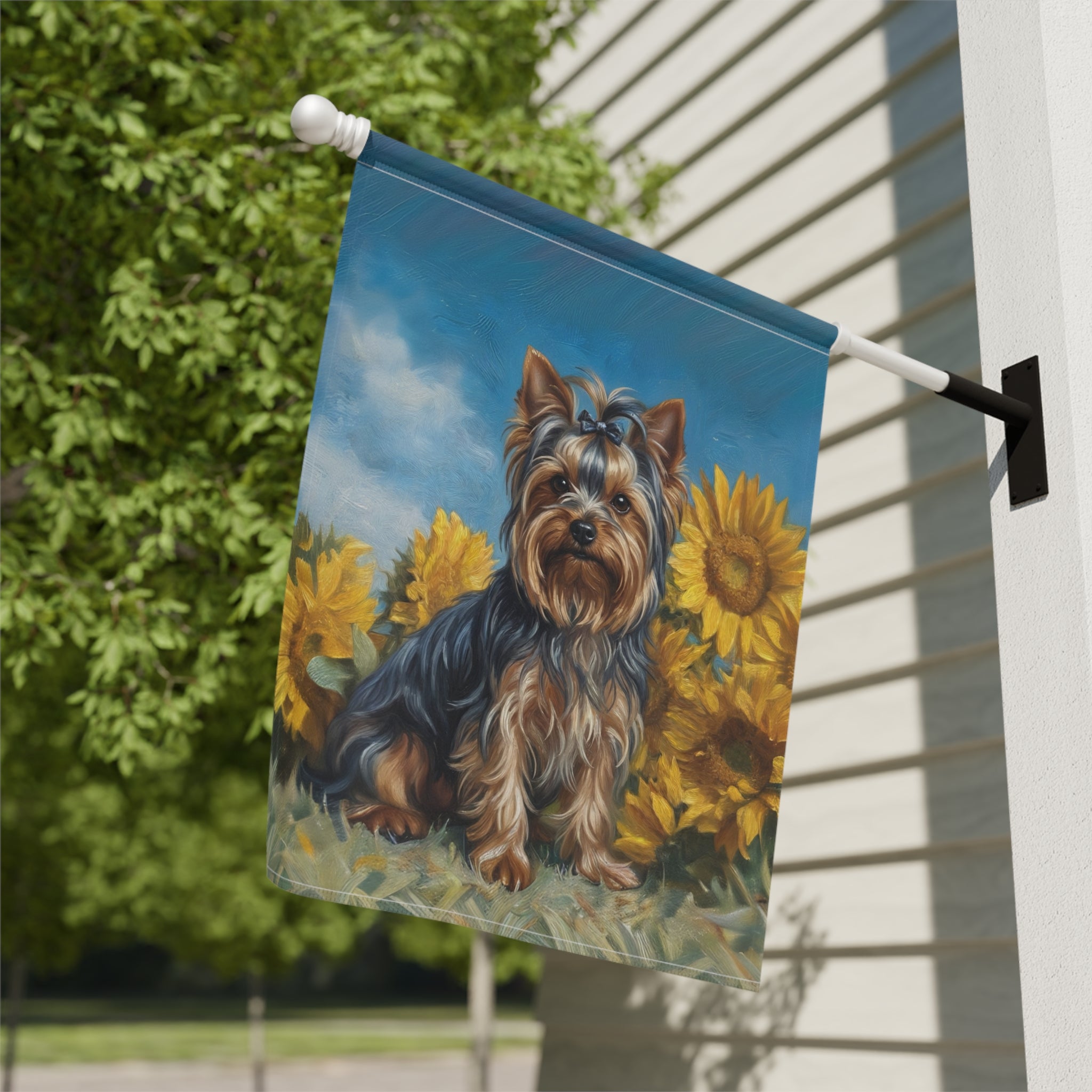 Yorkshire Terrier Blue Skies and Sunflowers Garden Flag - yard display - Dragonfire Gardens