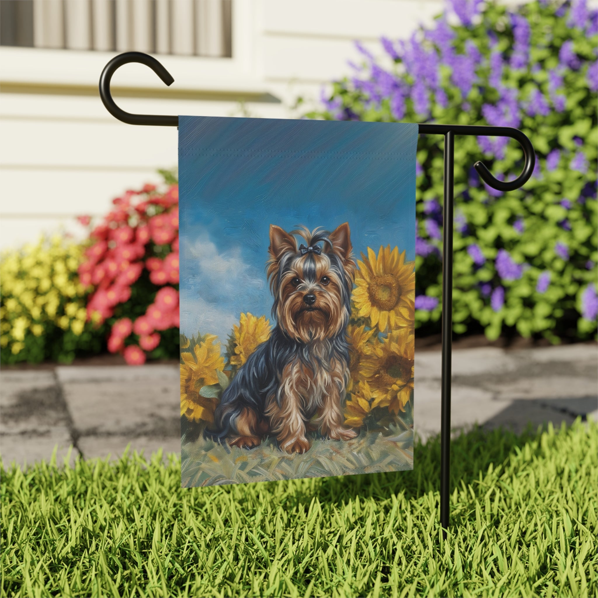 Yorkshire Terrier Blue Skies and Sunflowers Garden Flag - close-up detail - Dragonfire Gardens