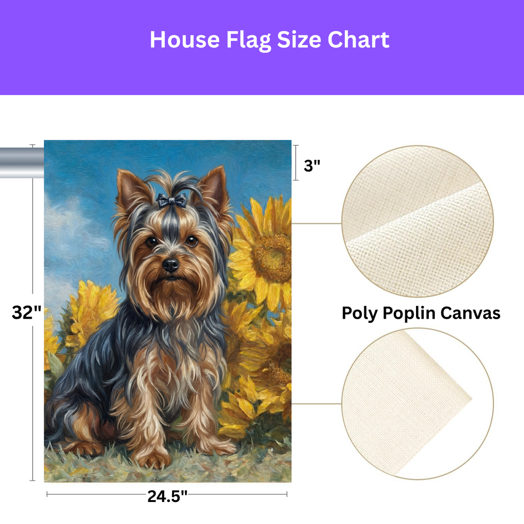 Yorkshire Terrier Blue Skies and Sunflowers Garden Flag - size comparison - Dragonfire Gardens
