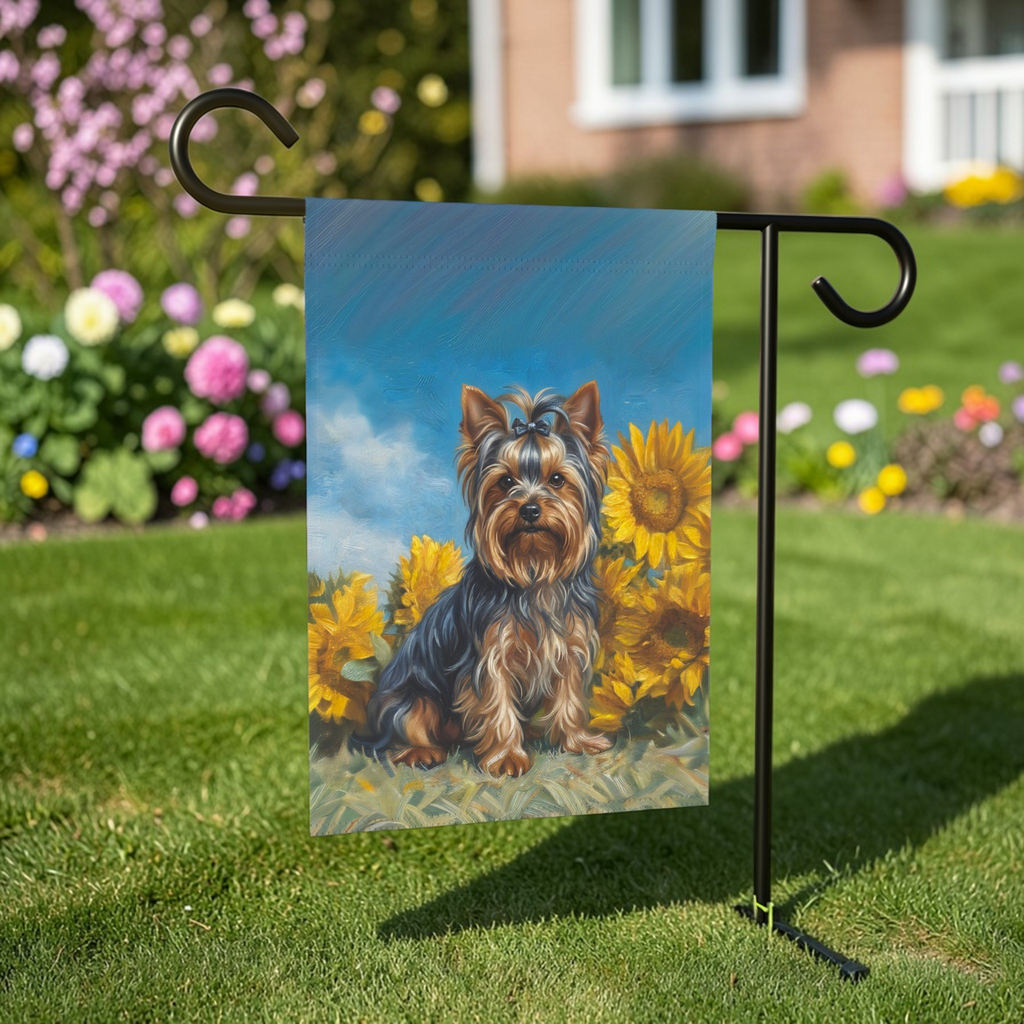 Yorkshire Terrier Blue Skies and Sunflowers Garden Flag - front view - Dragonfire Gardens