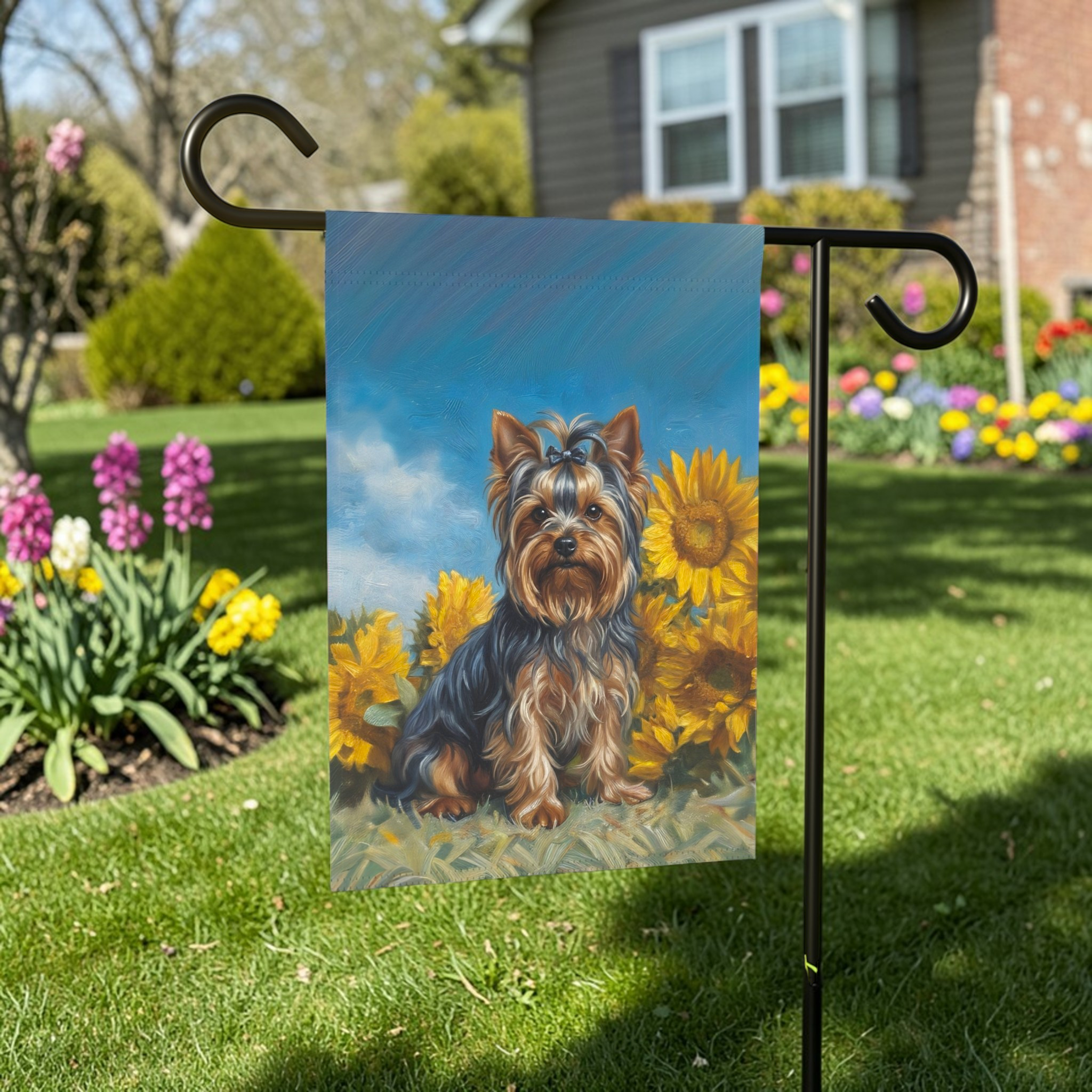 Yorkshire Terrier Blue Skies and Sunflowers Garden Flag - outdoor display - Dragonfire Gardens