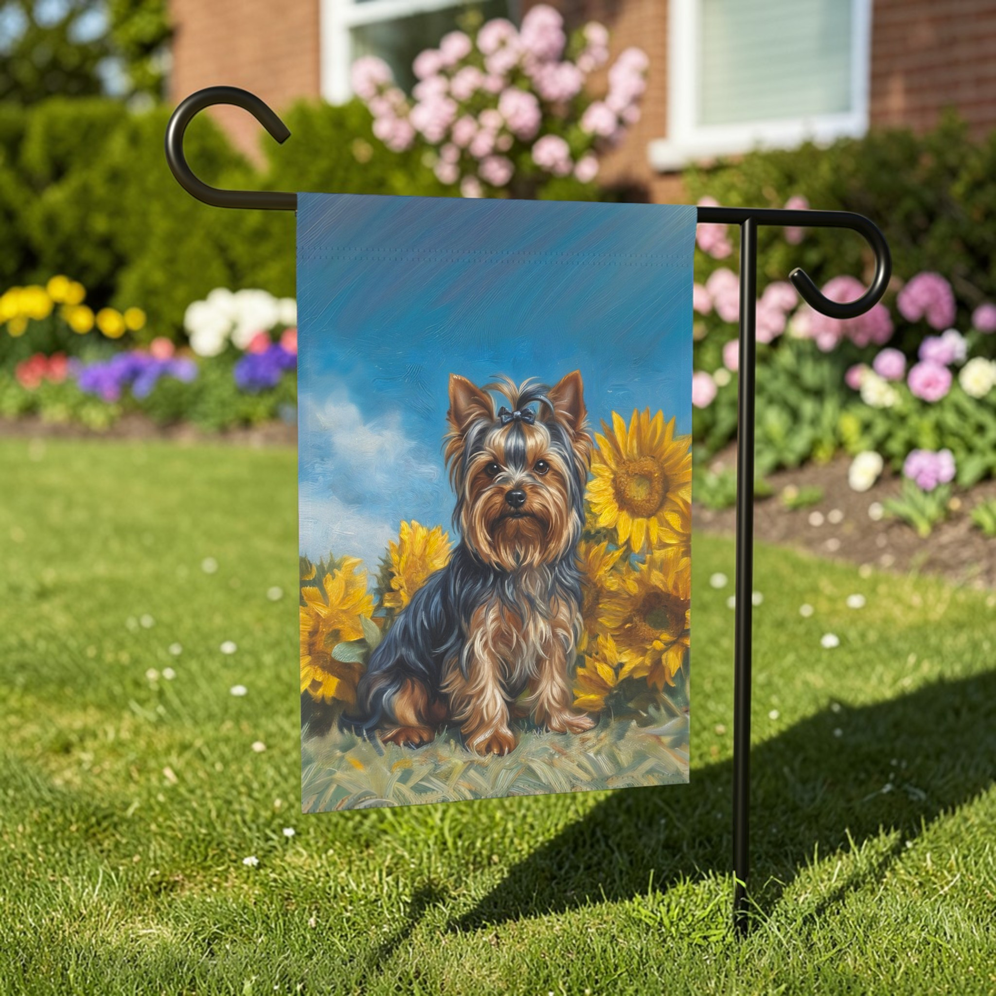 Yorkshire Terrier Blue Skies and Sunflowers Garden Flag - lifestyle display - Dragonfire Gardens