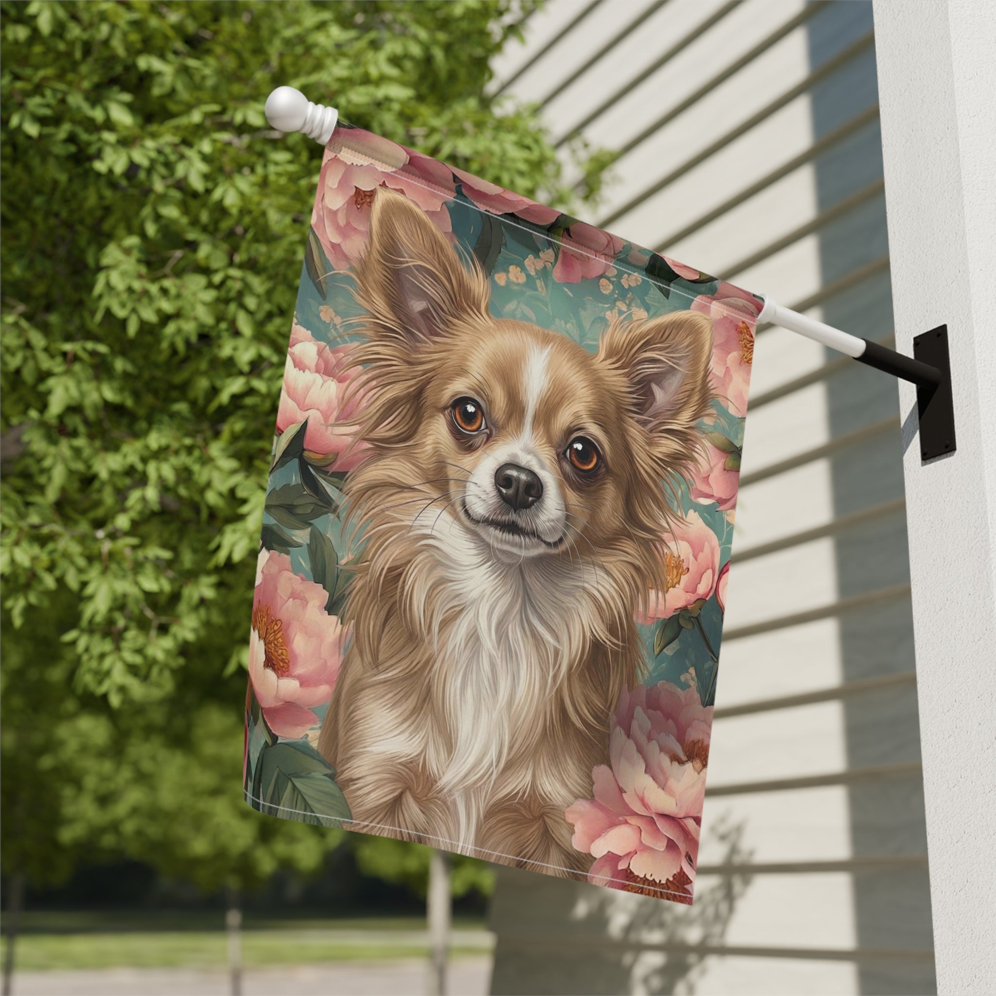 Pink Peony Long Haired Chihuahua Garden Flag - yard display - Dragonfire Gardens