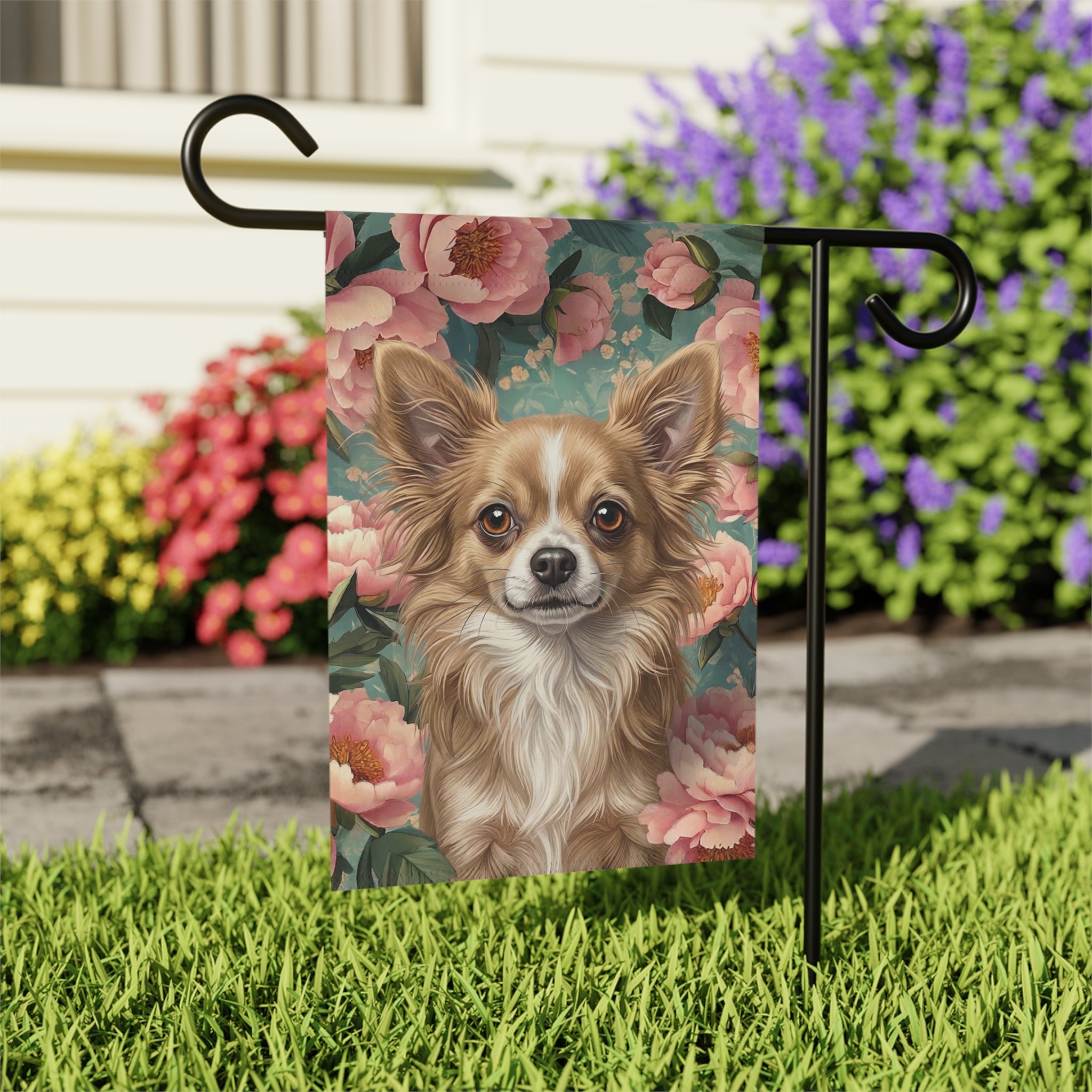 Pink Peony Long Haired Chihuahua Garden Flag - close-up detail - Dragonfire Gardens