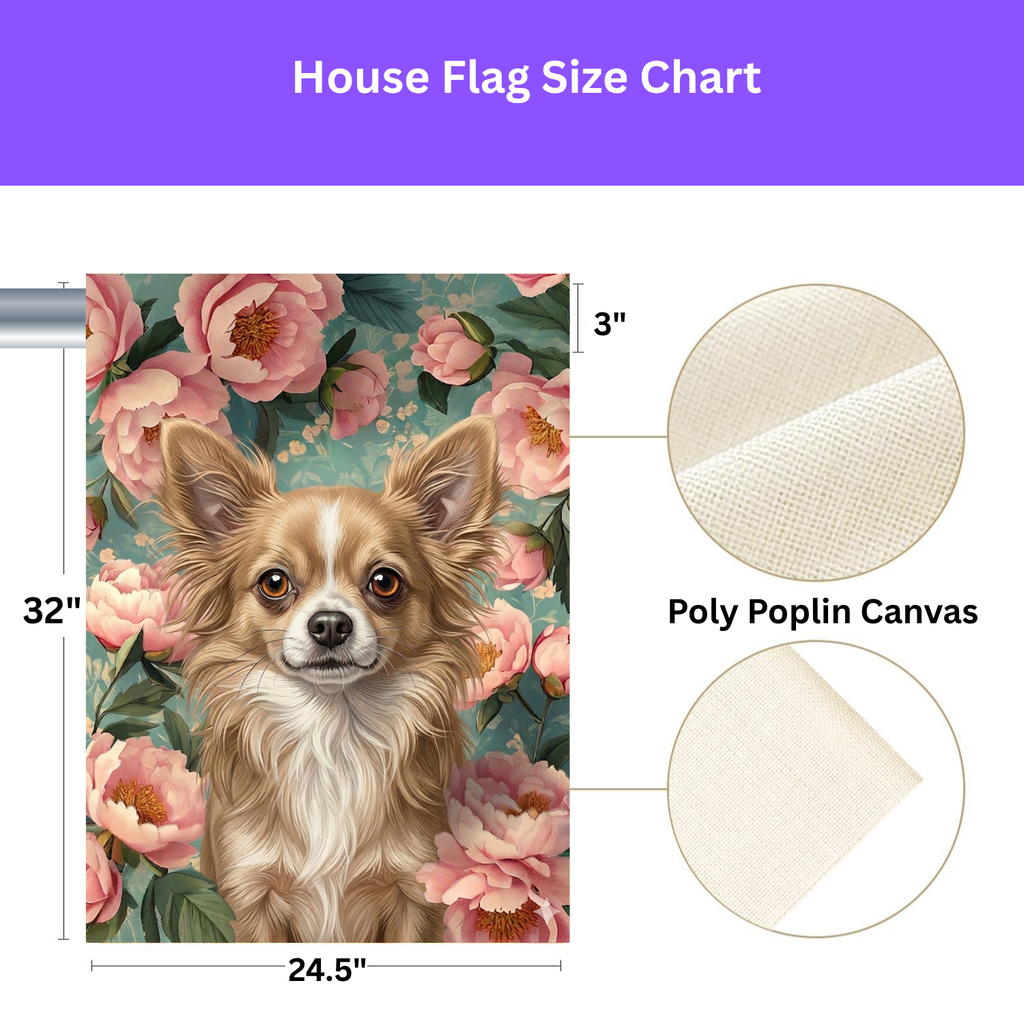 Pink Peony Long Haired Chihuahua Garden Flag - size comparison - Dragonfire Gardens