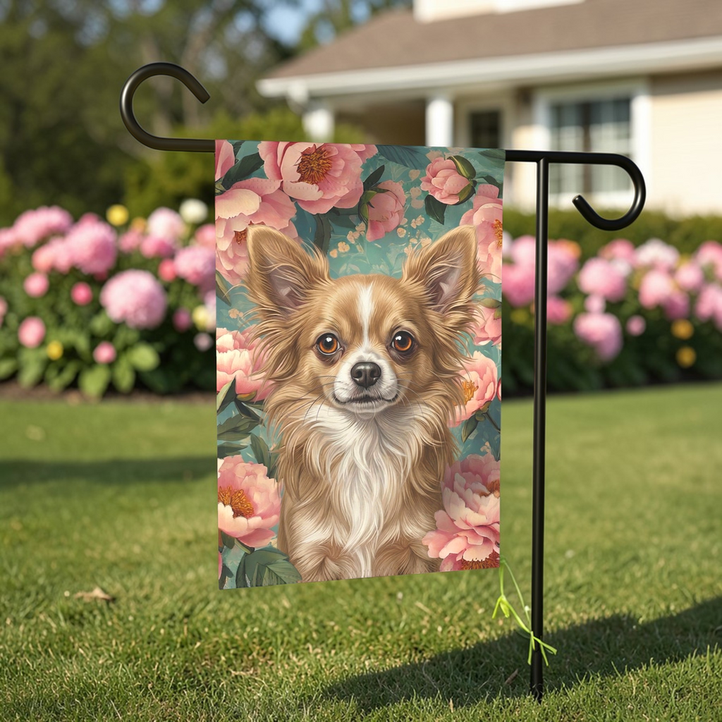 Pink Peony Long Haired Chihuahua Garden Flag - lifestyle display - Dragonfire Gardens
