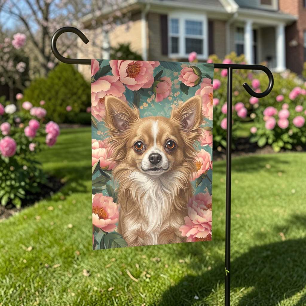 Pink Peony Long Haired Chihuahua Garden Flag - outdoor display - Dragonfire Gardens