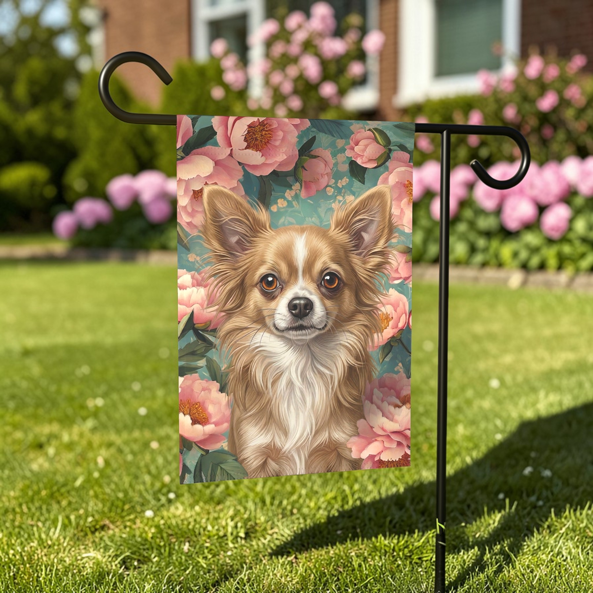 Pink Peony Long Haired Chihuahua Garden Flag - front view - Dragonfire Gardens