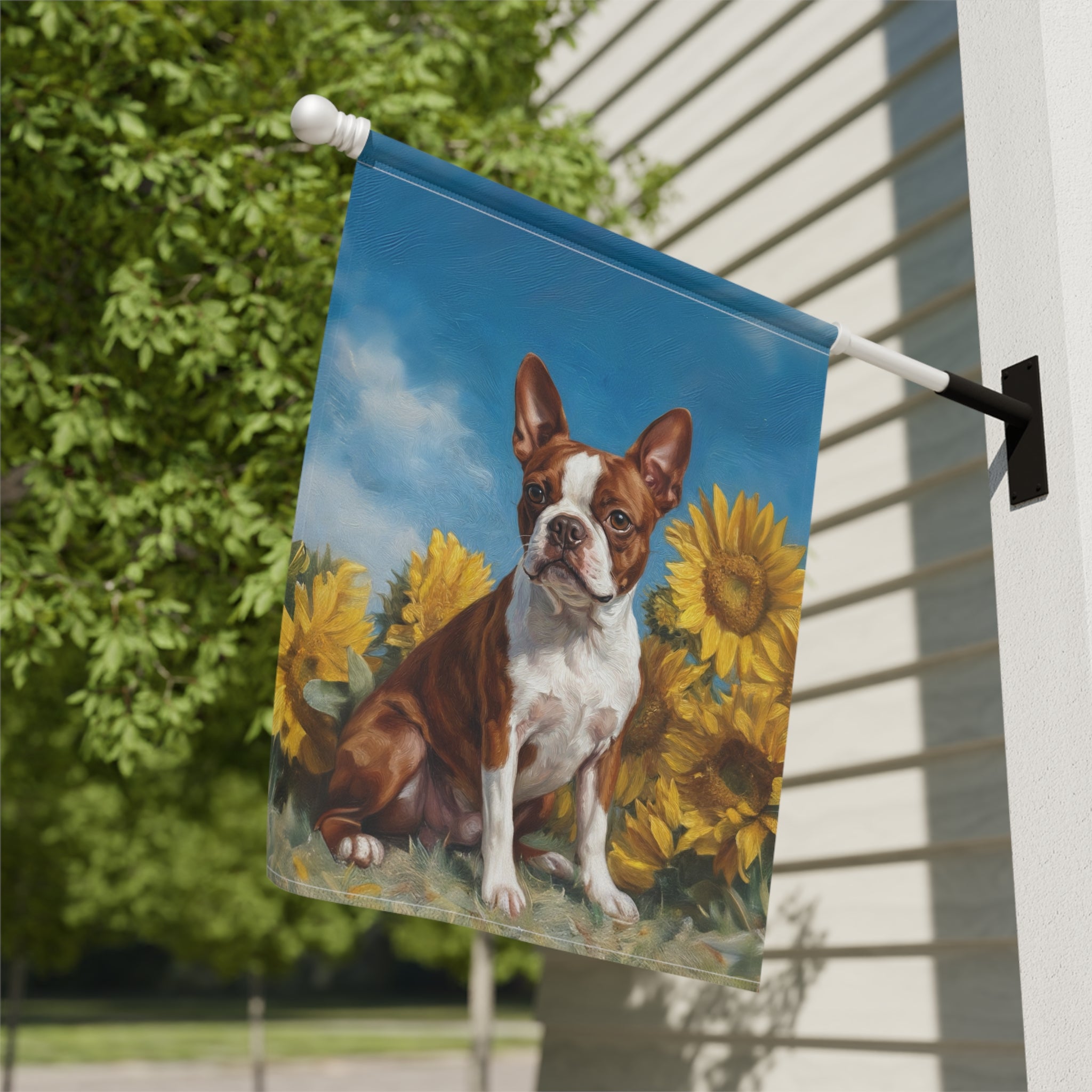 Red Boston Terrier Blue Skies and Sunflowers Garden Flag - yard display - Dragonfire Gardens