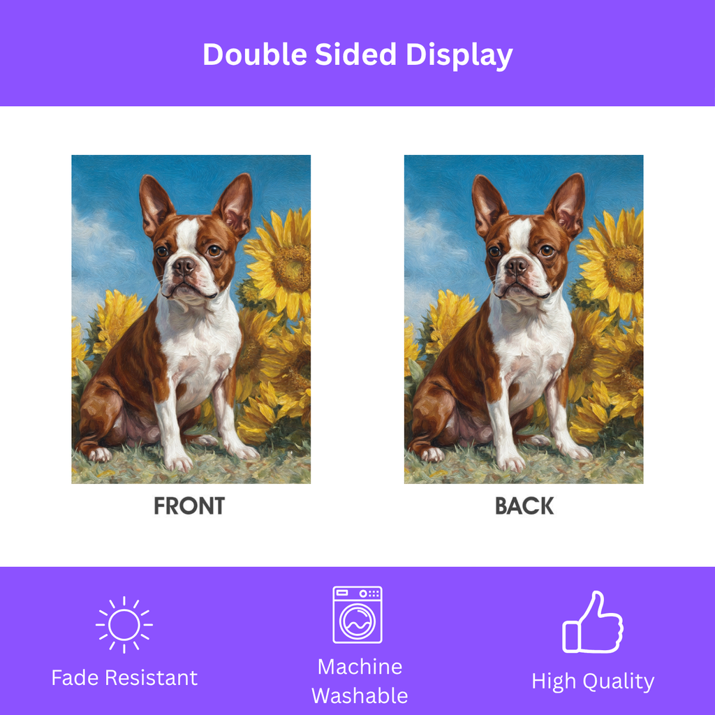 Red Boston Terrier Blue Skies and Sunflowers Garden Flag - porch decor - Dragonfire Gardens