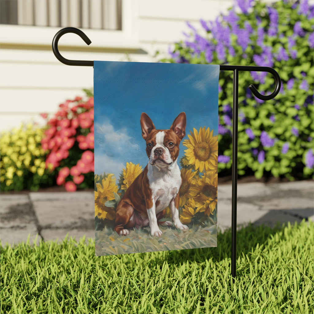Red Boston Terrier Blue Skies and Sunflowers Garden Flag - close-up detail - Dragonfire Gardens