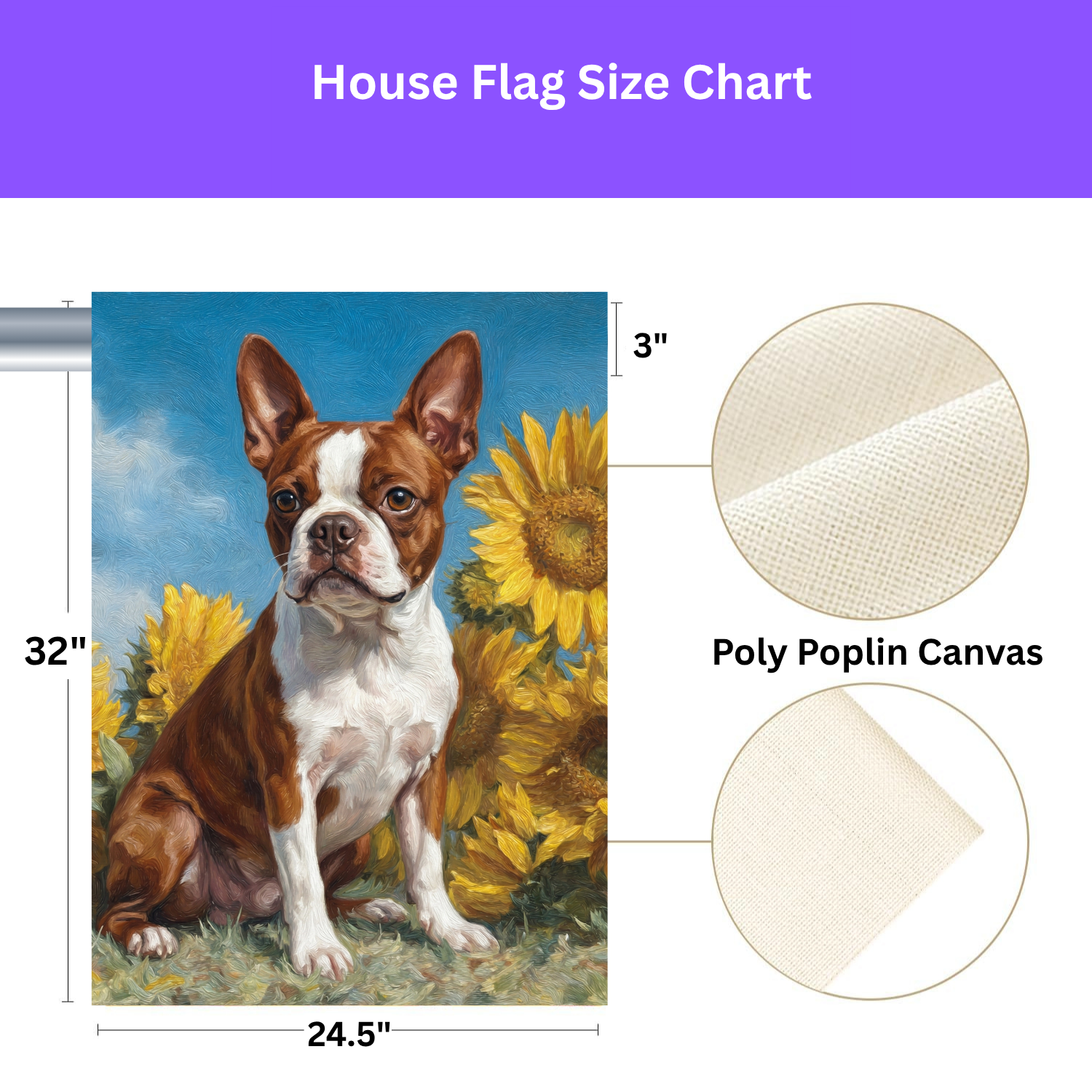 Red Boston Terrier Blue Skies and Sunflowers Garden Flag - size comparison - Dragonfire Gardens