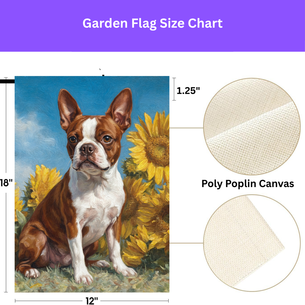Red Boston Terrier Blue Skies and Sunflowers Garden Flag - double-sided design - Dragonfire Gardens
