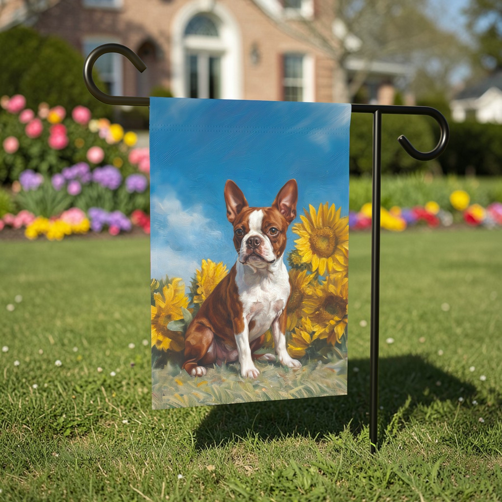 Red Boston Terrier Blue Skies and Sunflowers Garden Flag - front view - Dragonfire Gardens