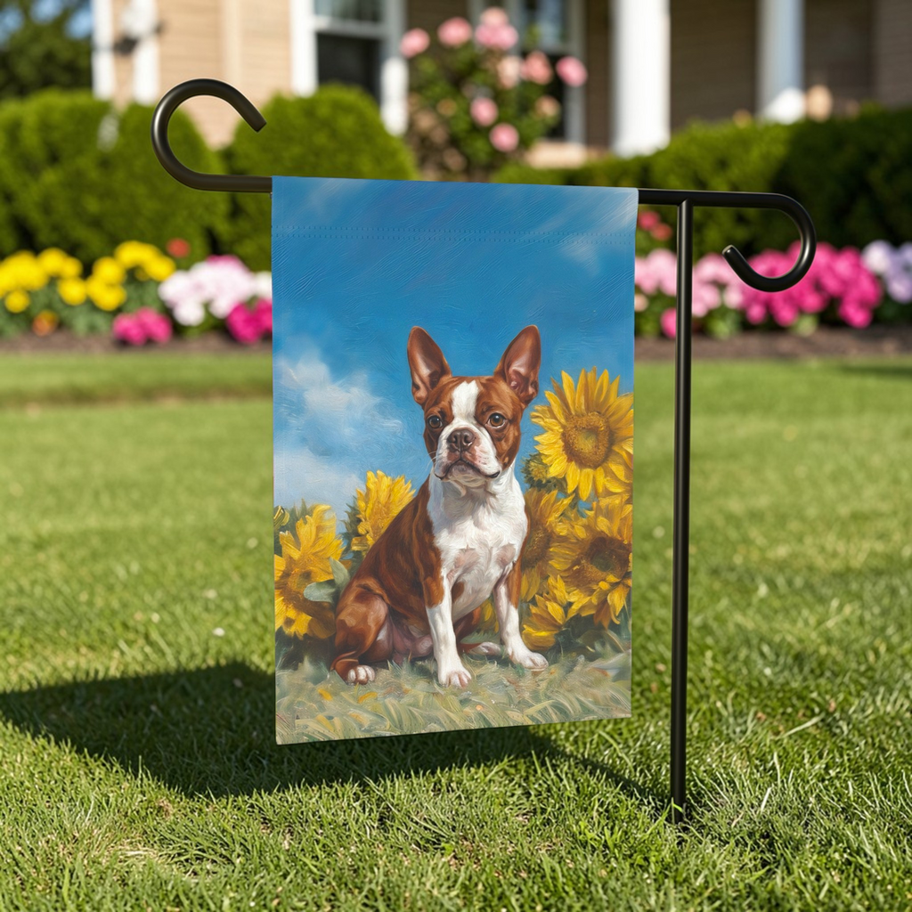 Red Boston Terrier Blue Skies and Sunflowers Garden Flag - lifestyle display - Dragonfire Gardens