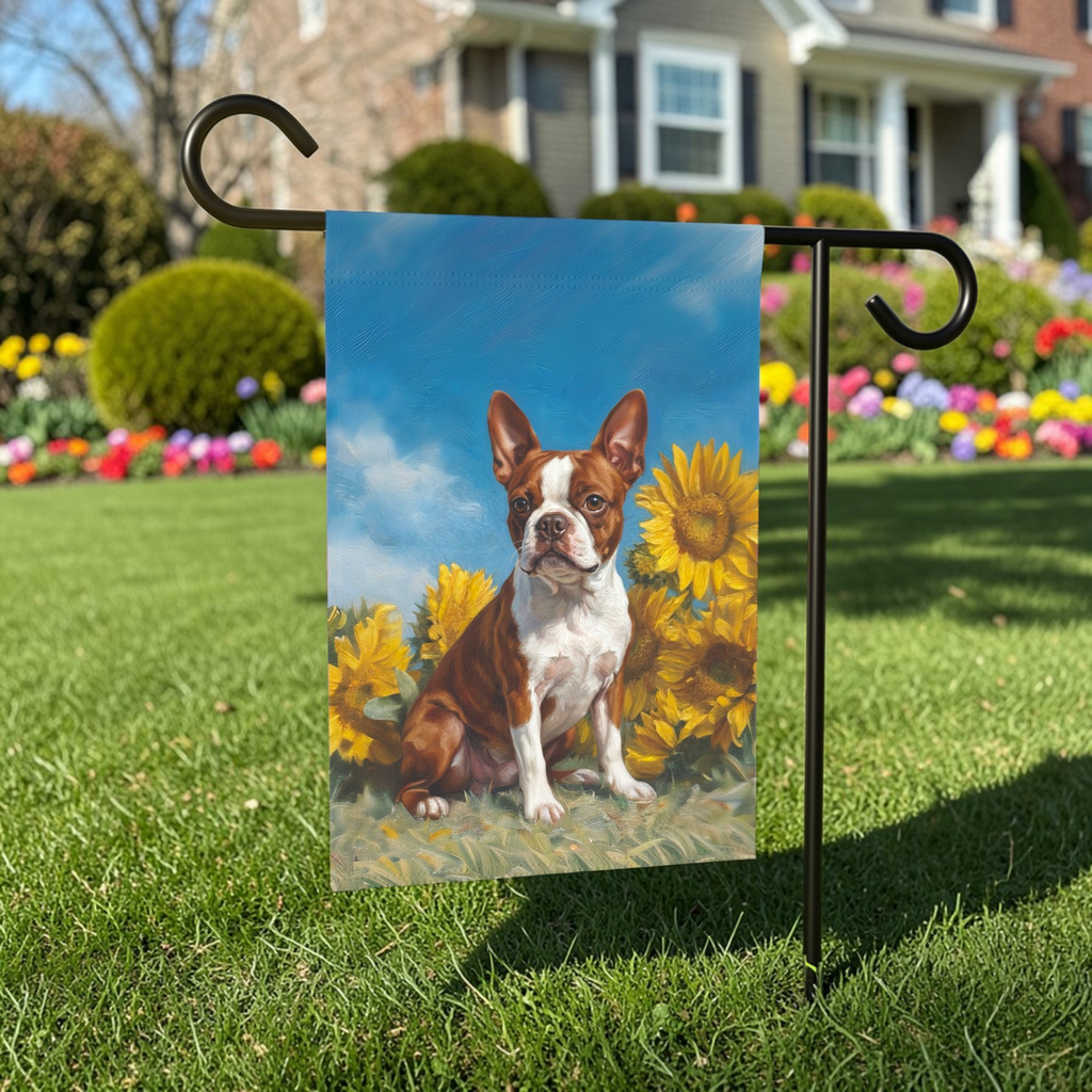 Red Boston Terrier Blue Skies and Sunflowers Garden Flag - outdoor display - Dragonfire Gardens