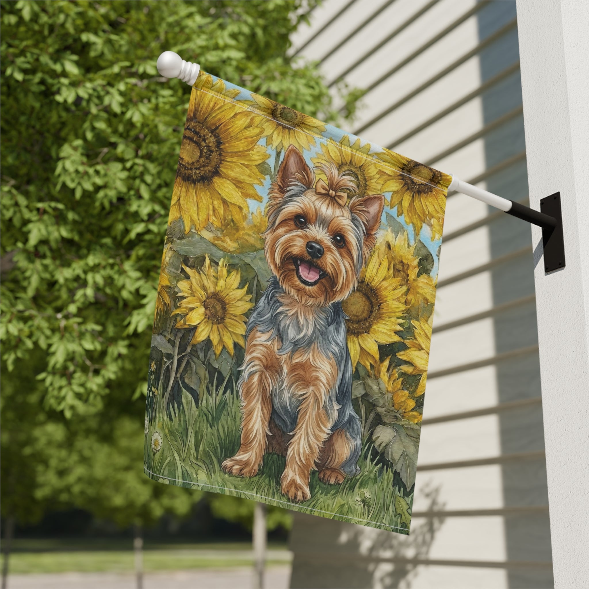 Blue Sky Yorkshire Terrier with Sunflowers Garden Flag - yard display - Dragonfire Gardens