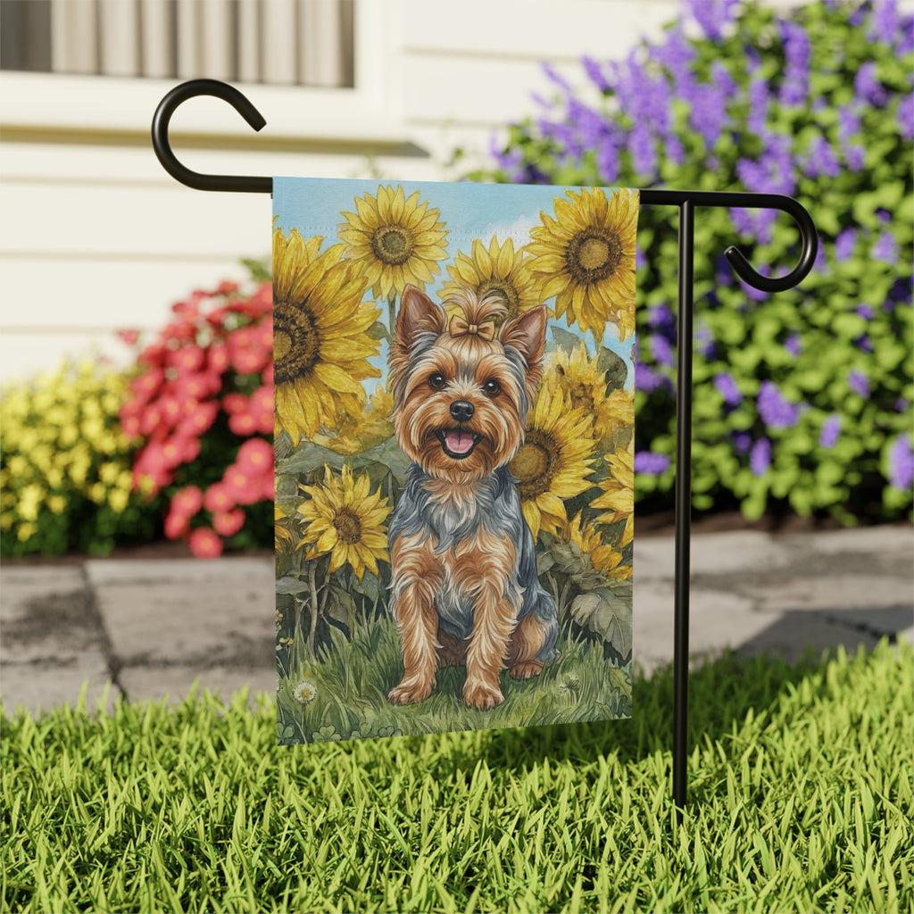 Blue Sky Yorkshire Terrier with Sunflowers Garden Flag