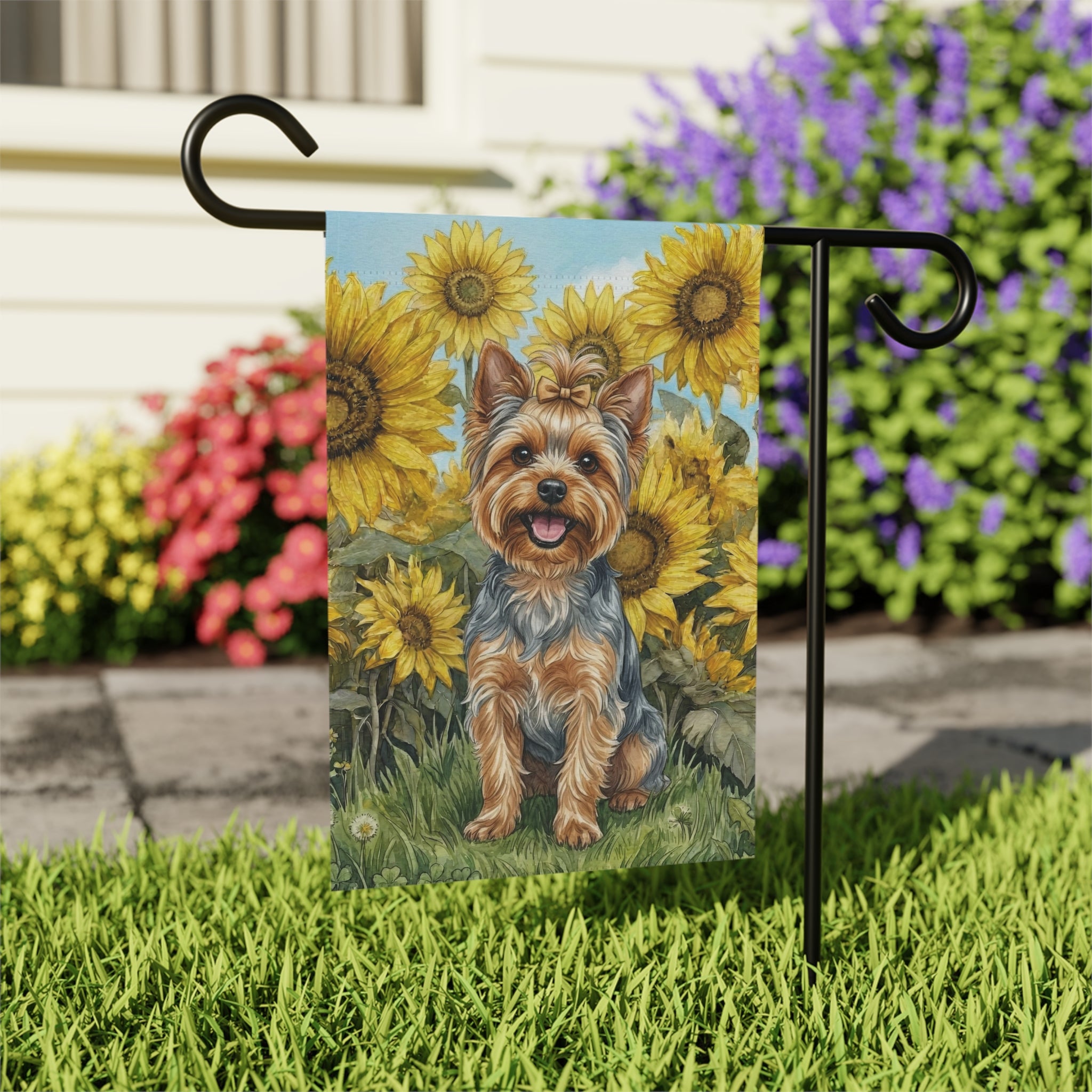 Blue Sky Yorkshire Terrier with Sunflowers Garden Flag