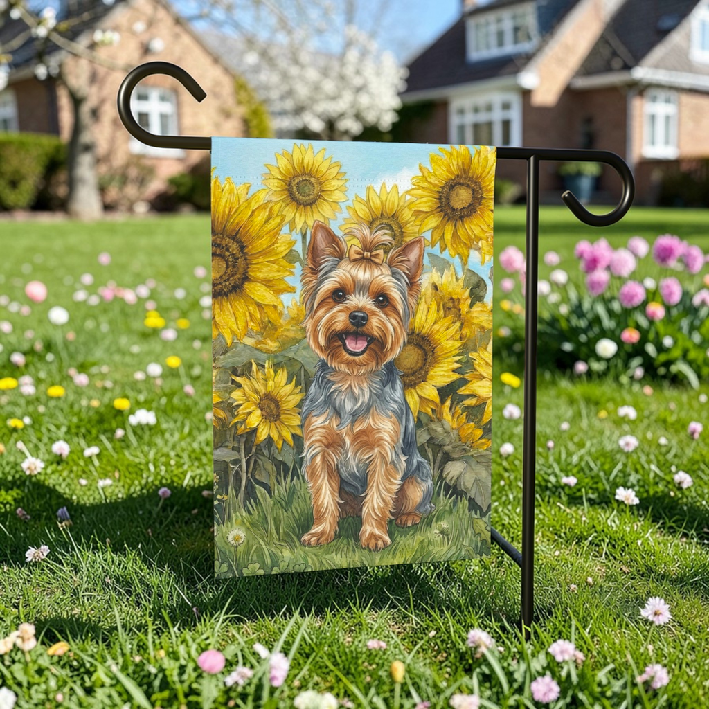 Blue Sky Yorkshire Terrier with Sunflowers Garden Flag