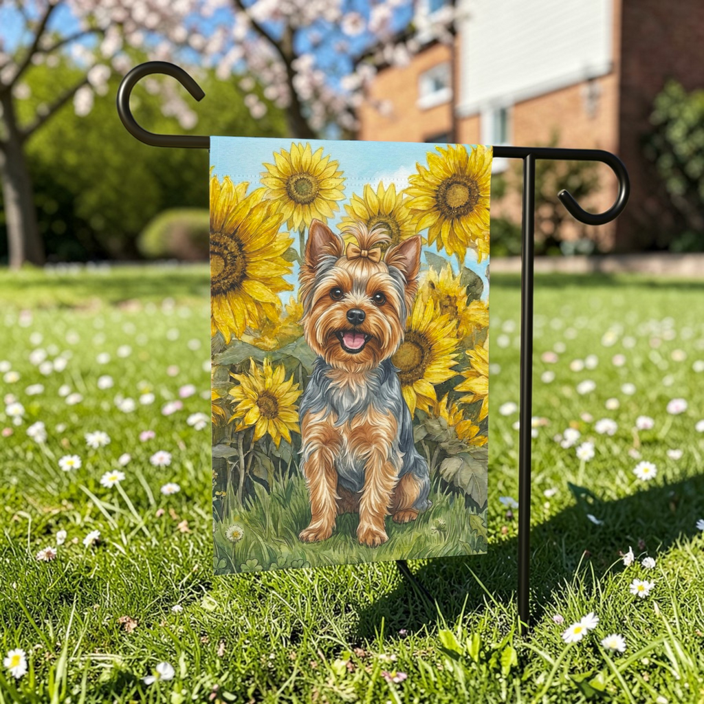 Blue Sky Yorkshire Terrier with Sunflowers Garden Flag