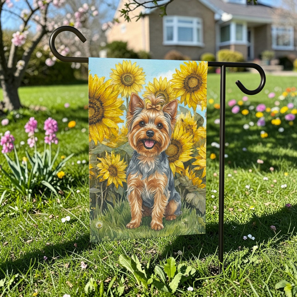 Blue Sky Yorkshire Terrier with Sunflowers Garden Flag