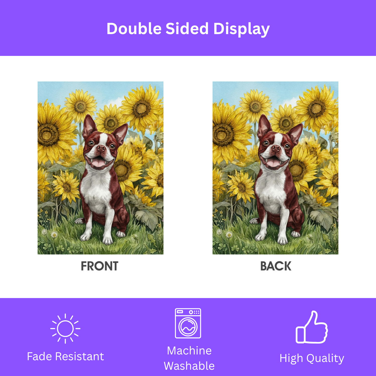 Blue Sky Boston Terrier with Sunflowers Garden Flag - porch decor - Dragonfire Gardens