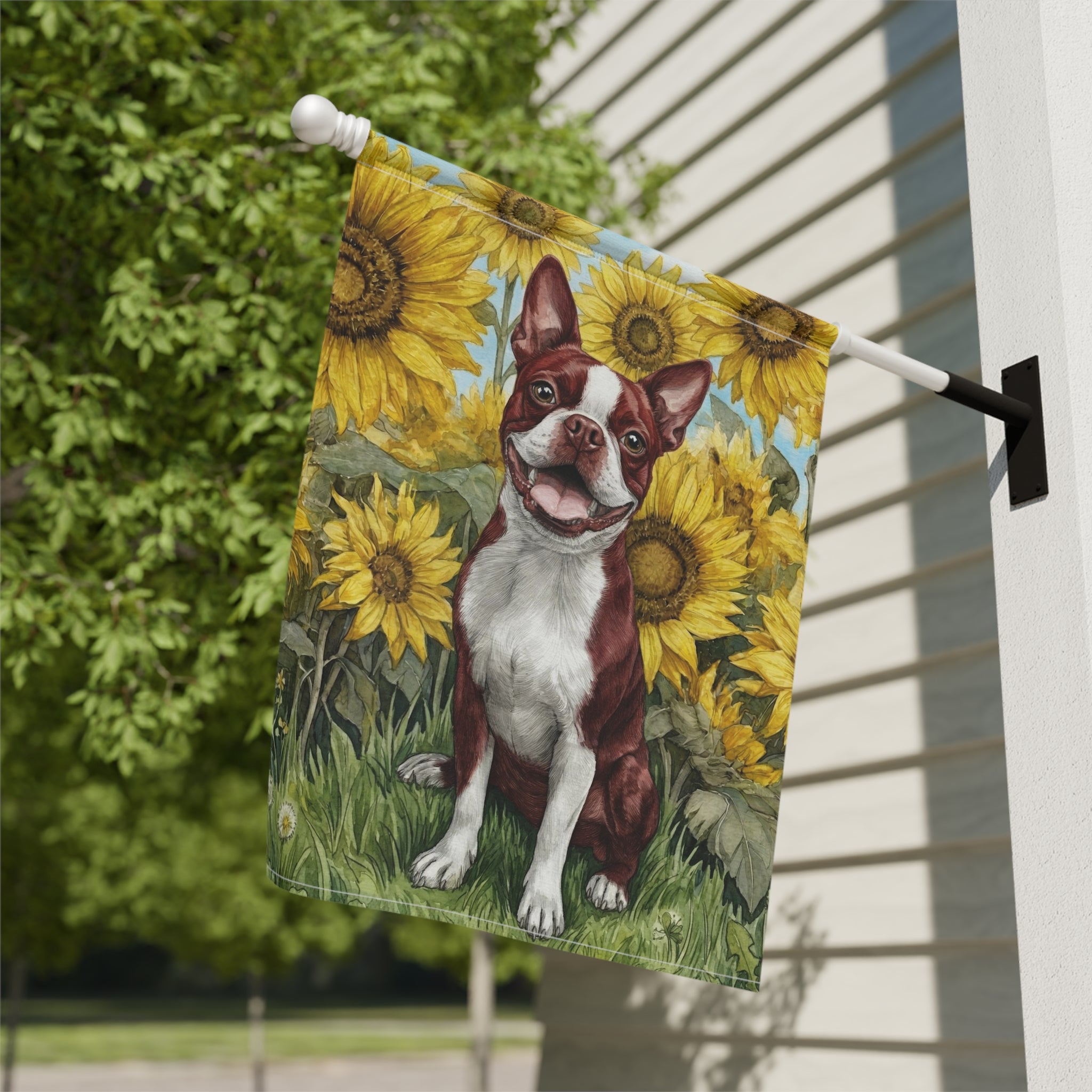 Blue Sky Boston Terrier with Sunflowers Garden Flag - yard display - Dragonfire Gardens