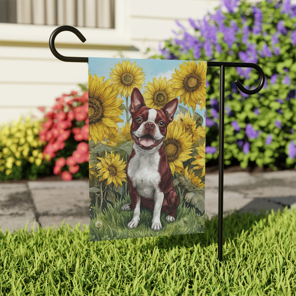Blue Sky Boston Terrier with Sunflowers Garden Flag - close-up detail - Dragonfire Gardens