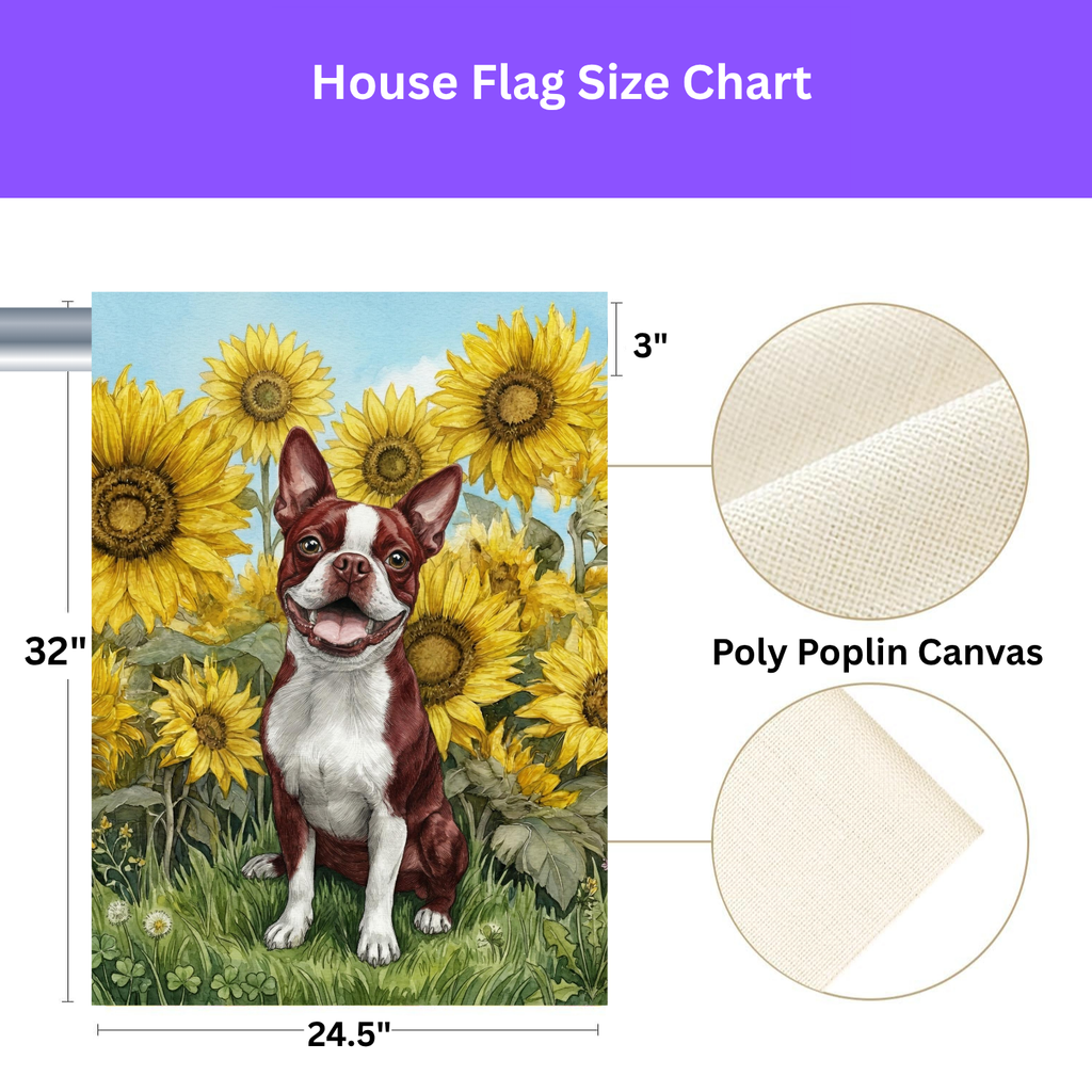 Blue Sky Boston Terrier with Sunflowers Garden Flag - size comparison - Dragonfire Gardens