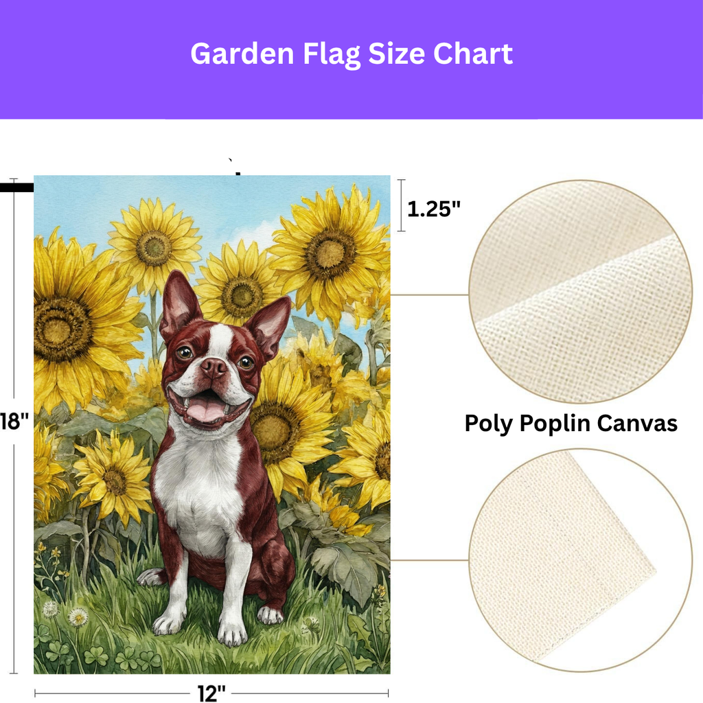 Blue Sky Boston Terrier with Sunflowers Garden Flag - double-sided design - Dragonfire Gardens