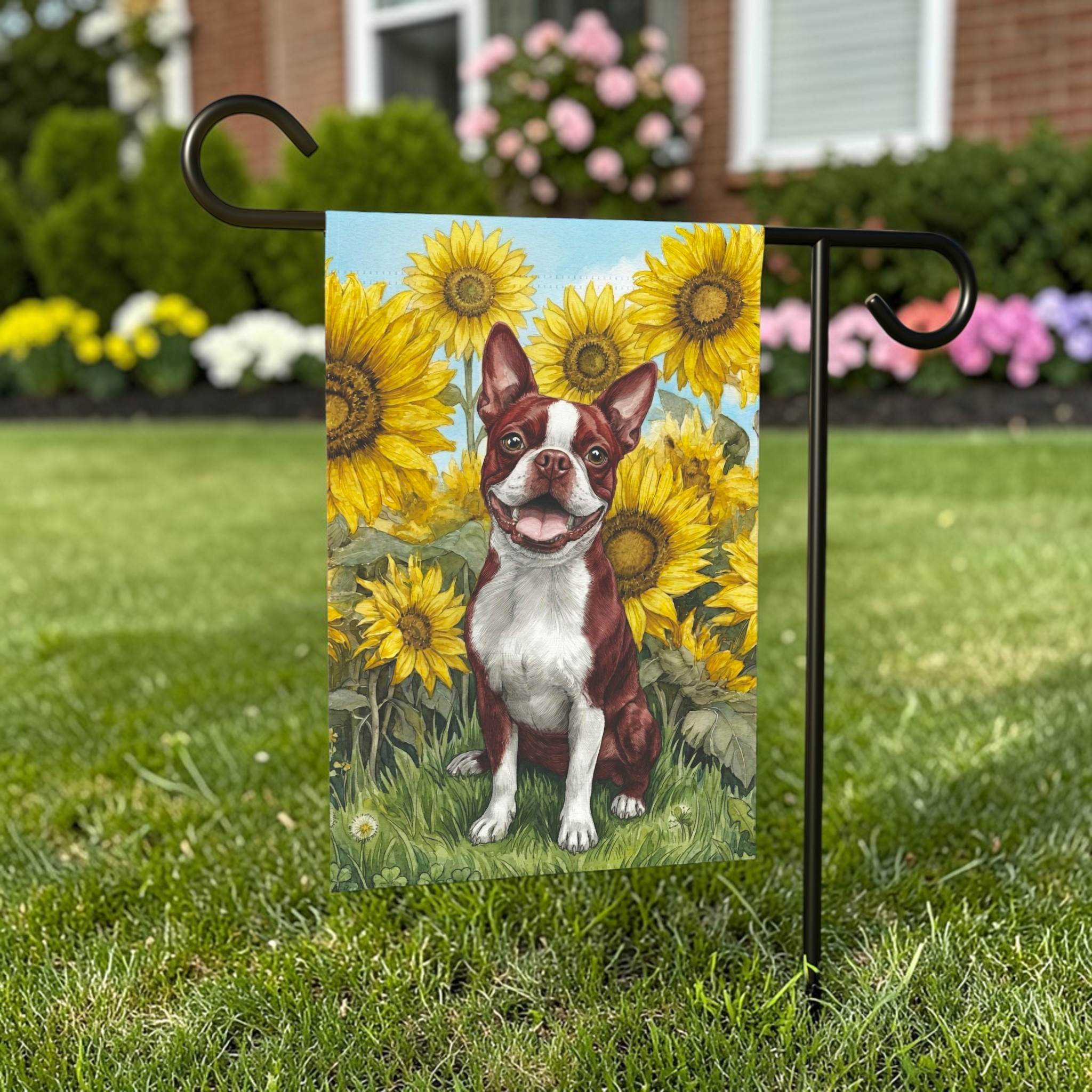 Blue Sky Boston Terrier with Sunflowers Garden Flag - front view - Dragonfire Gardens