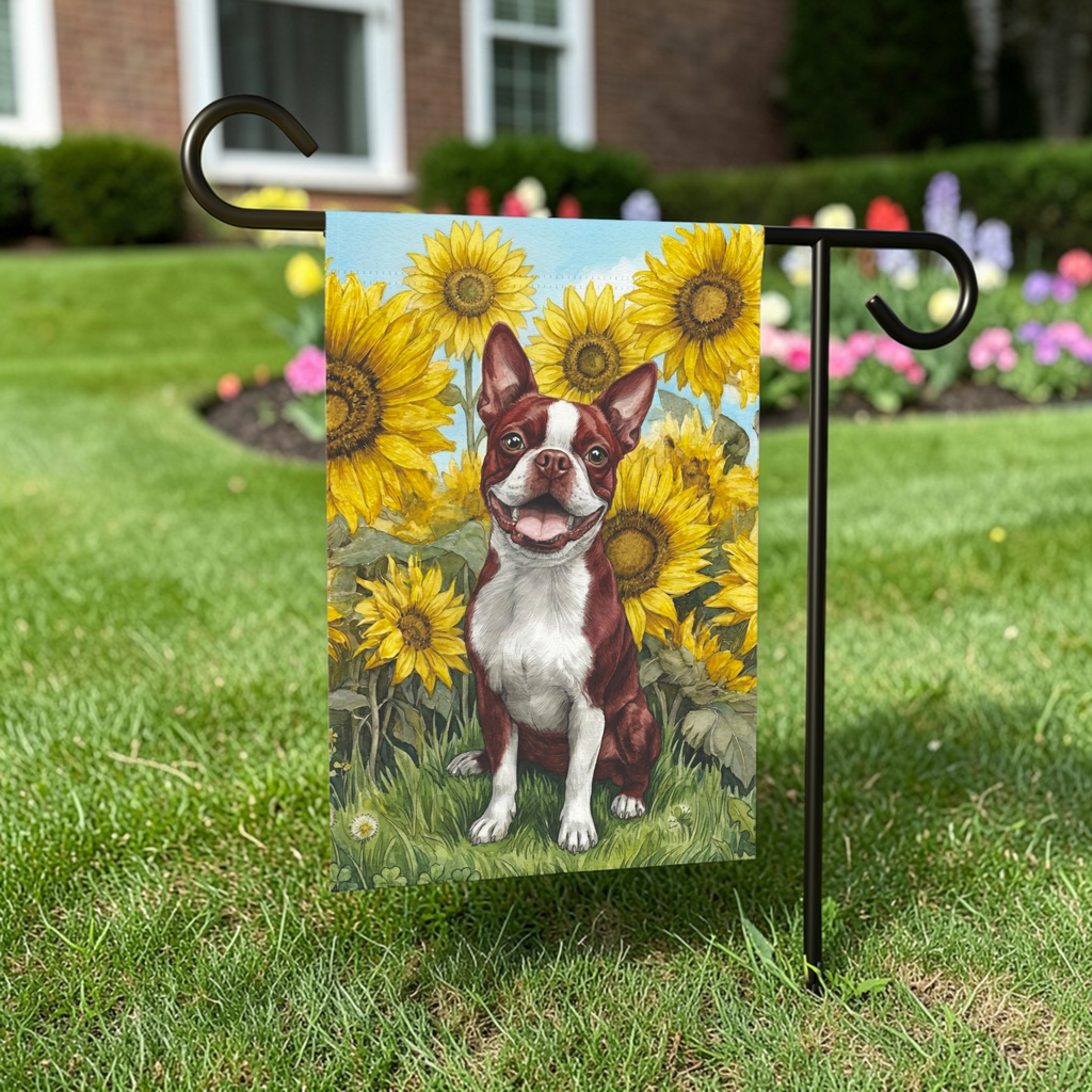 Blue Sky Boston Terrier with Sunflowers Garden Flag - outdoor display - Dragonfire Gardens