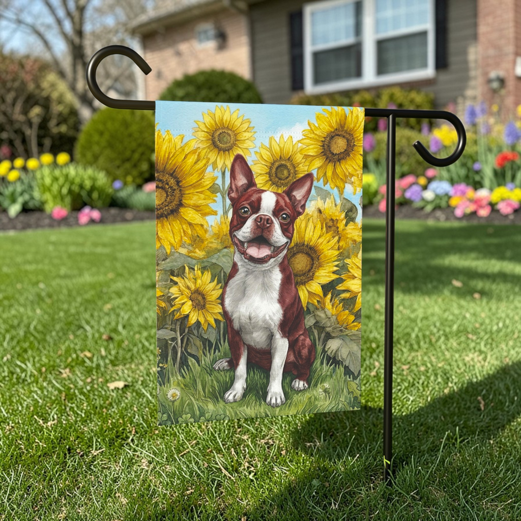 Blue Sky Boston Terrier with Sunflowers Garden Flag - lifestyle display - Dragonfire Gardens