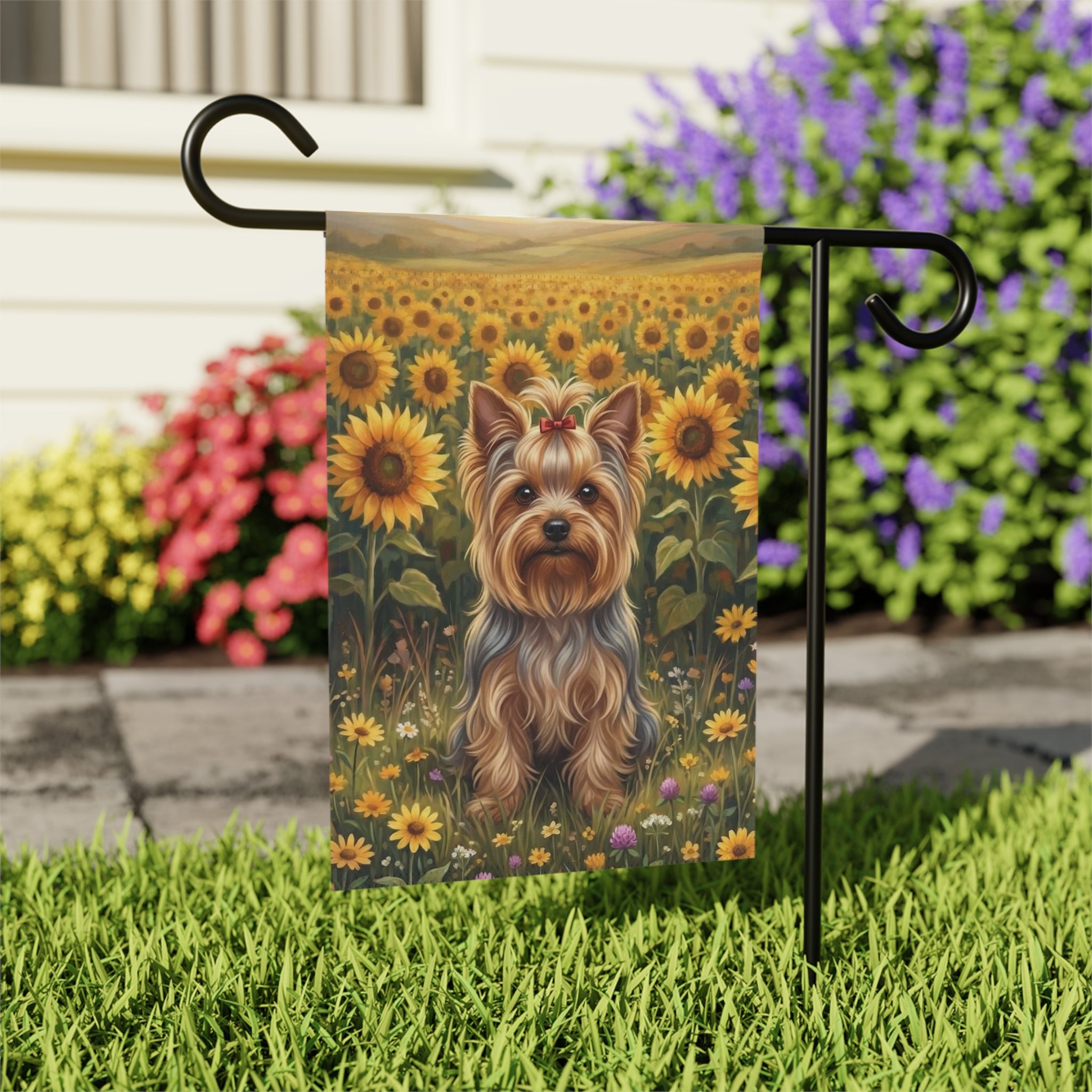 Yorkshire Terrier in a Sunflower Field Garden Flag