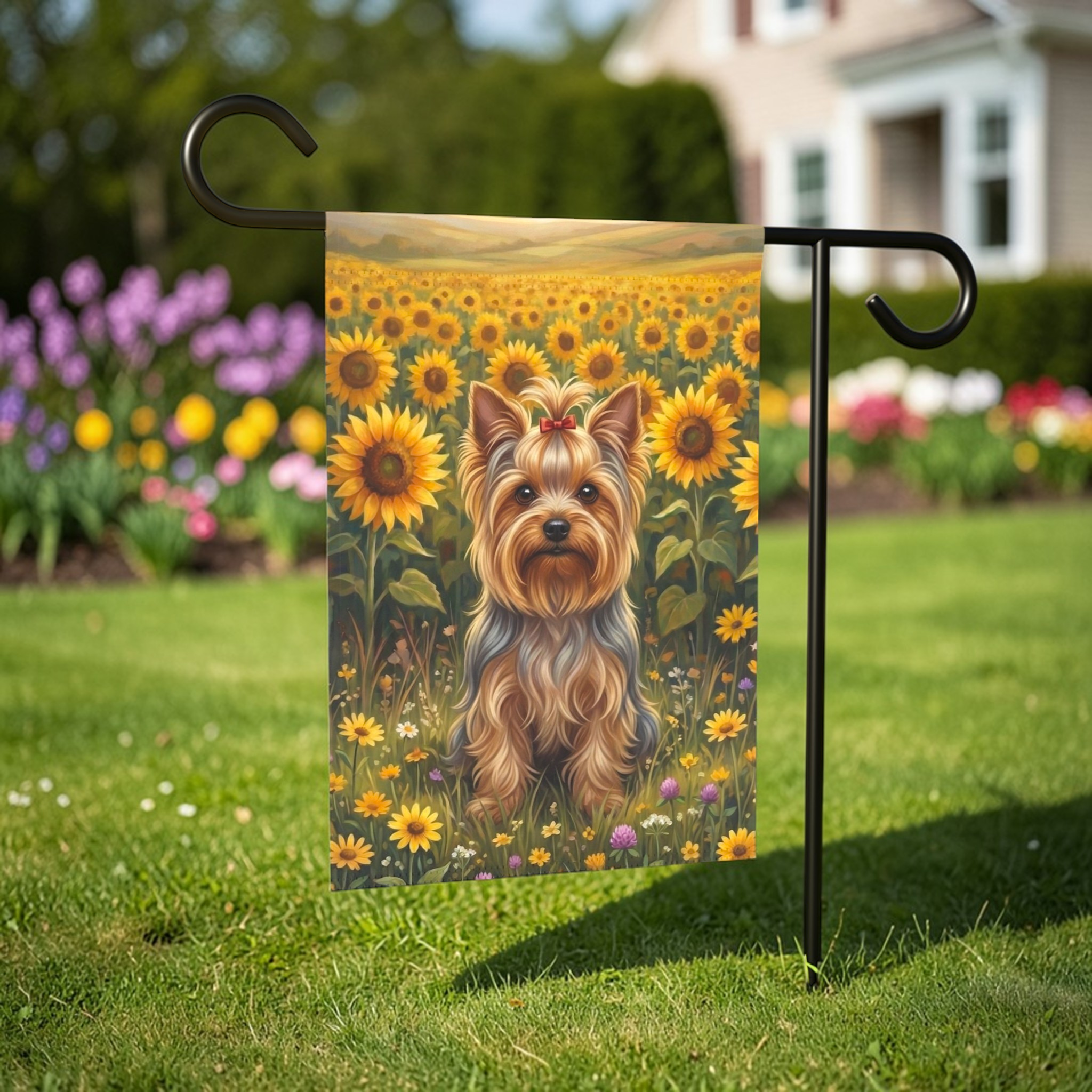 Yorkshire Terrier in a Sunflower Field Garden Flag