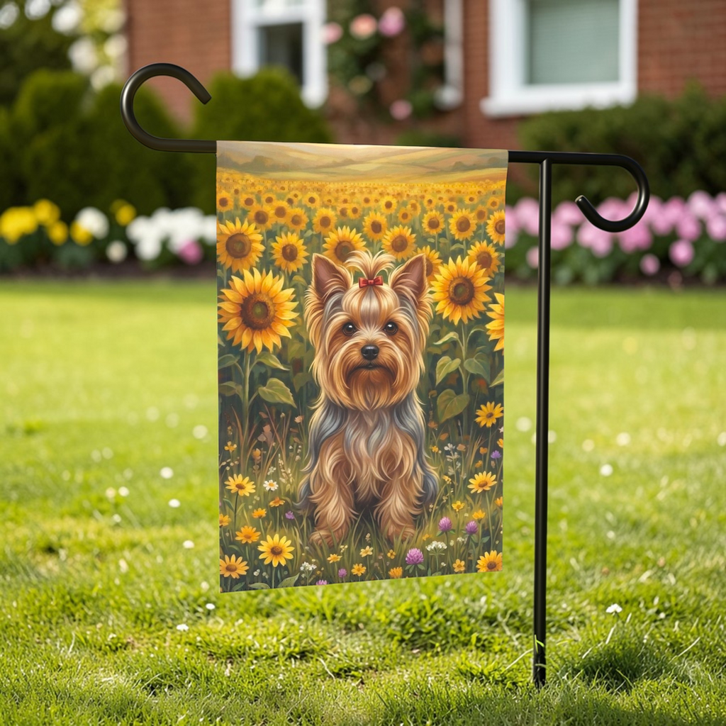 Yorkshire Terrier in a Sunflower Field Garden Flag