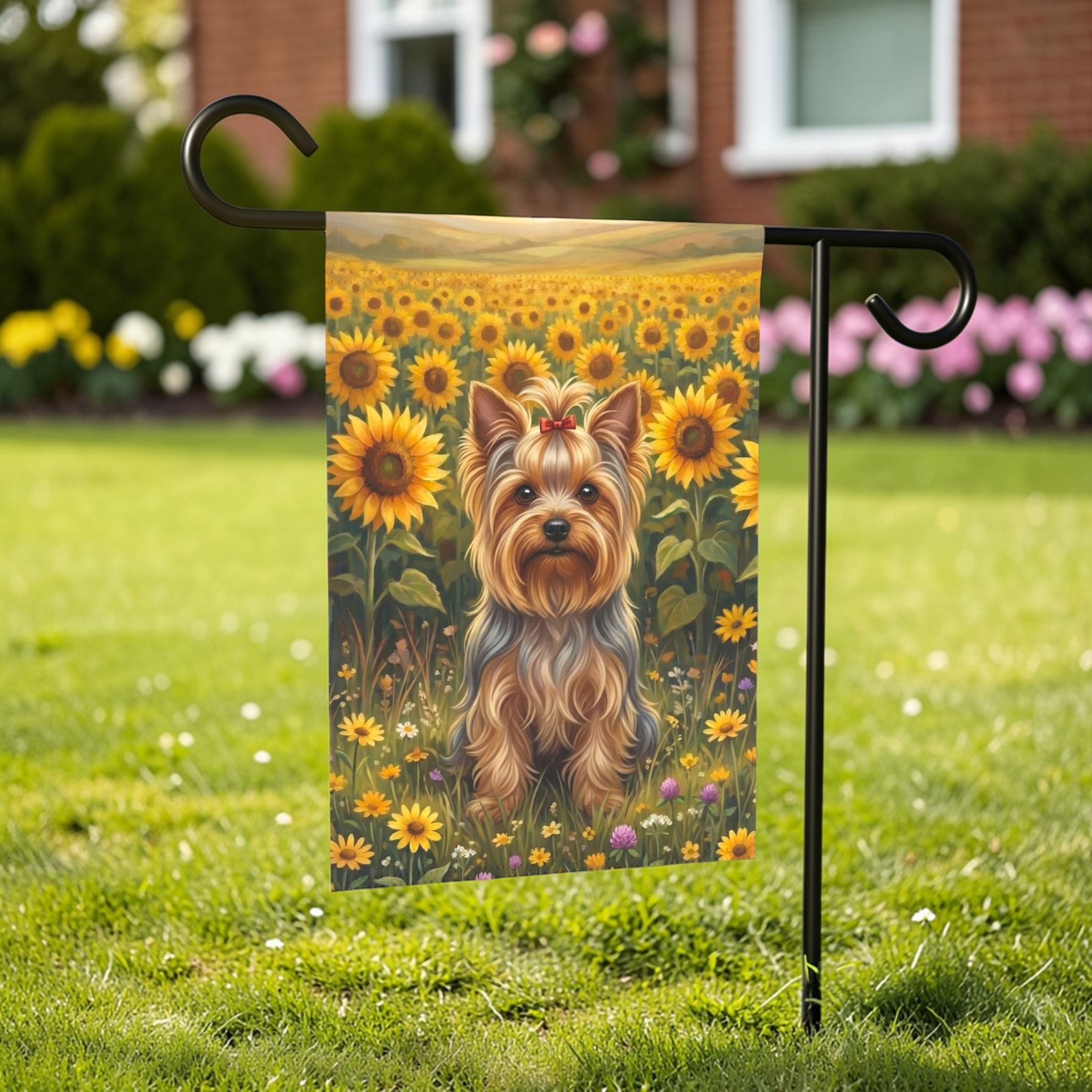 Yorkshire Terrier in a Sunflower Field Garden Flag