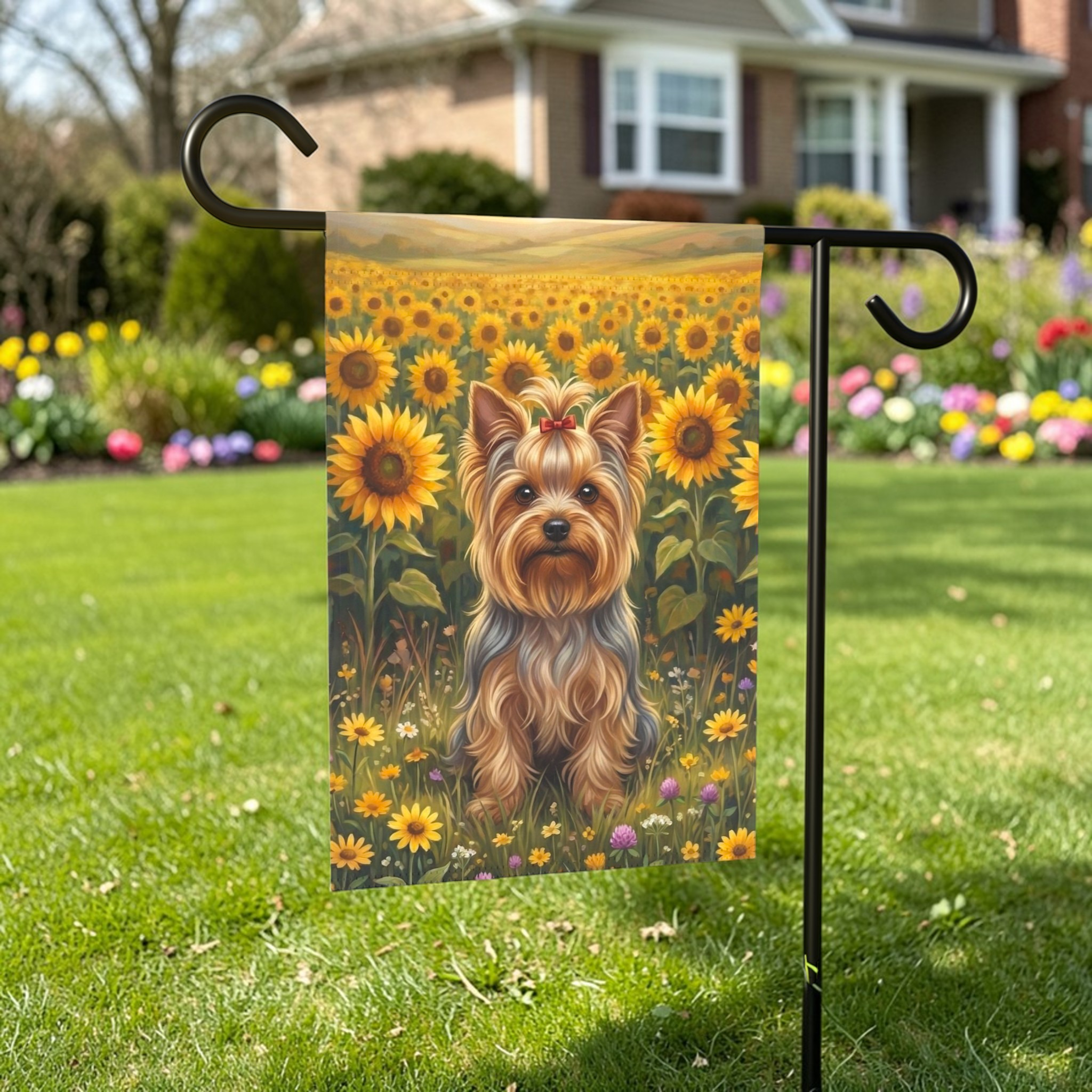 Yorkshire Terrier in a Sunflower Field Garden Flag