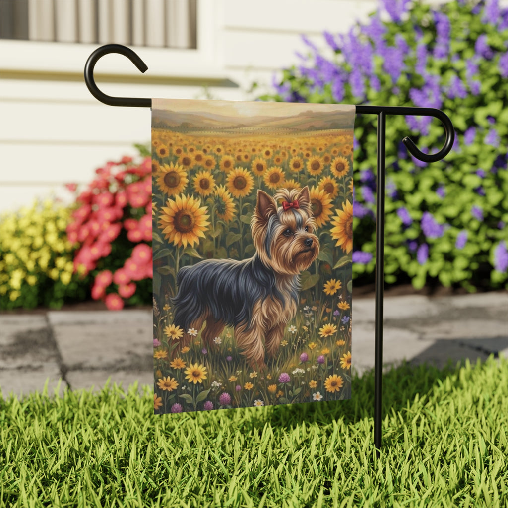 Sunflower Field Yorkshire Terrier Garden Flag - close-up detail - Dragonfire Gardens