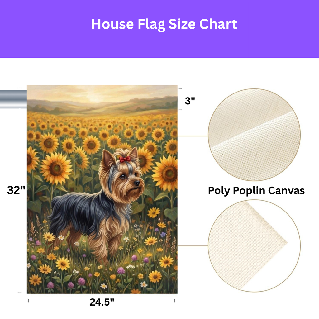 Sunflower Field Yorkshire Terrier Garden Flag - size comparison - Dragonfire Gardens