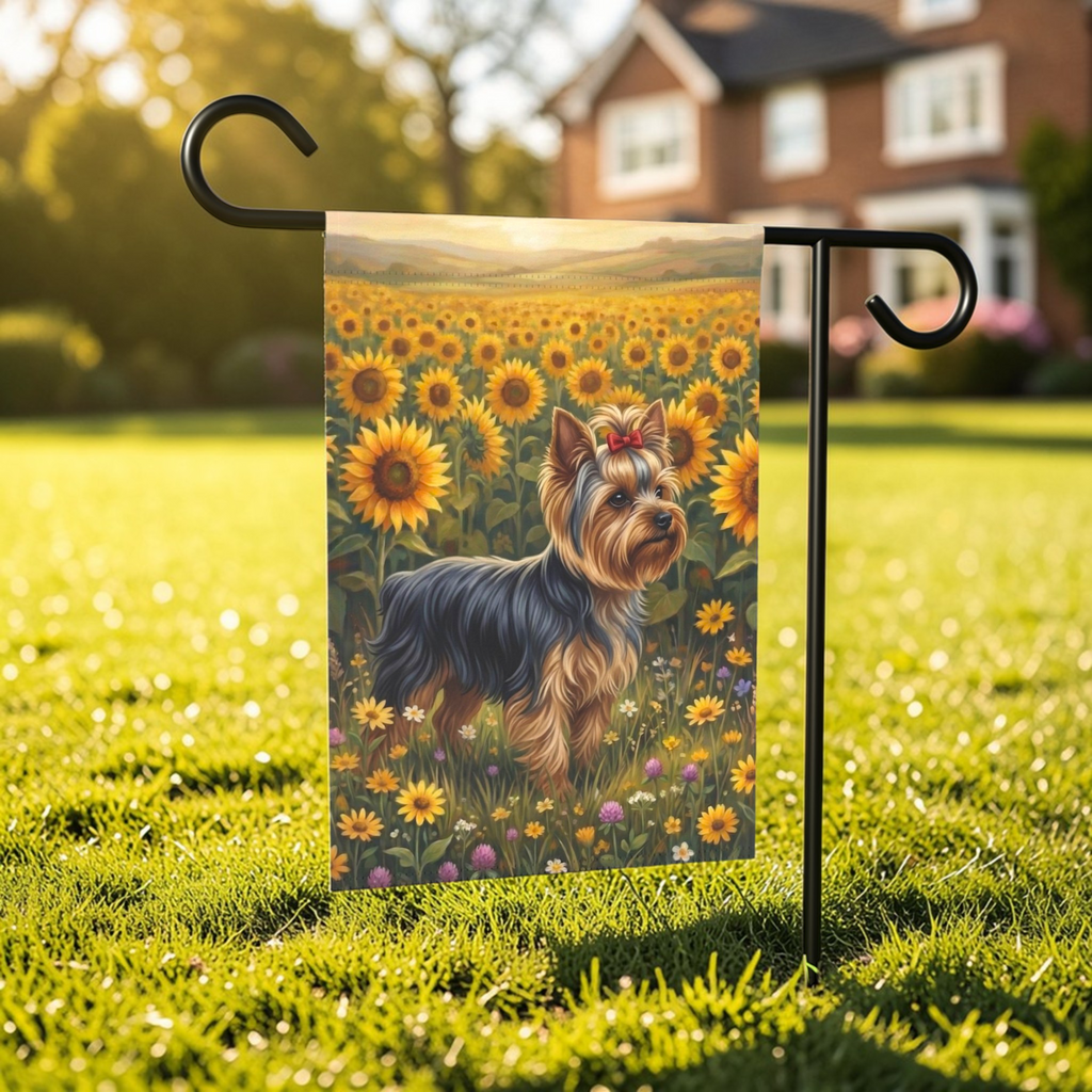 Sunflower Field Yorkshire Terrier Garden Flag - outdoor display - Dragonfire Gardens