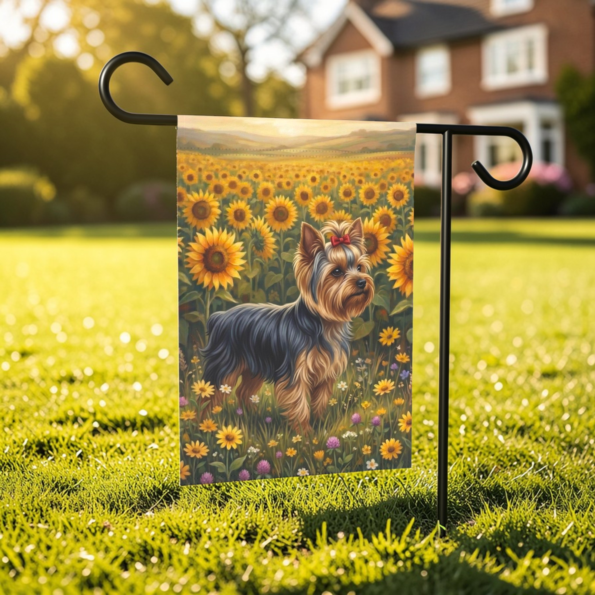 Sunflower Field Yorkshire Terrier Garden Flag - outdoor display - Dragonfire Gardens