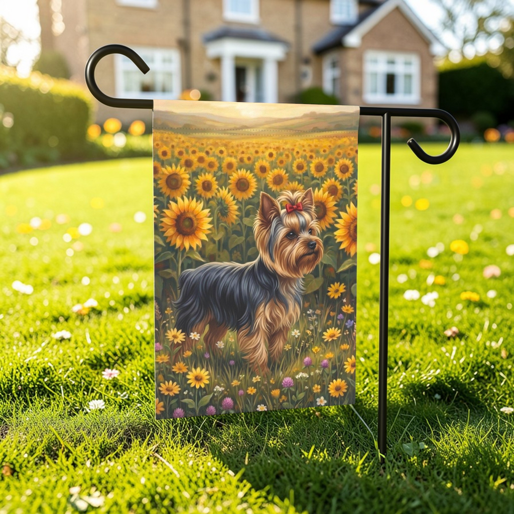Sunflower Field Yorkshire Terrier Garden Flag - lifestyle display - Dragonfire Gardens
