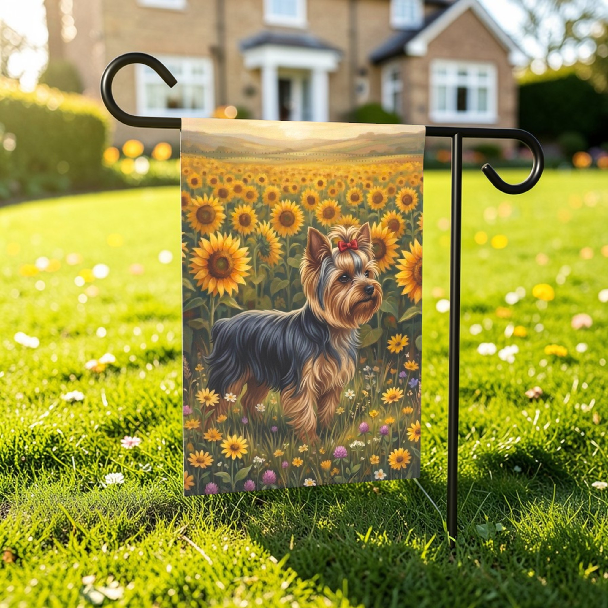 Sunflower Field Yorkshire Terrier Garden Flag - lifestyle display - Dragonfire Gardens