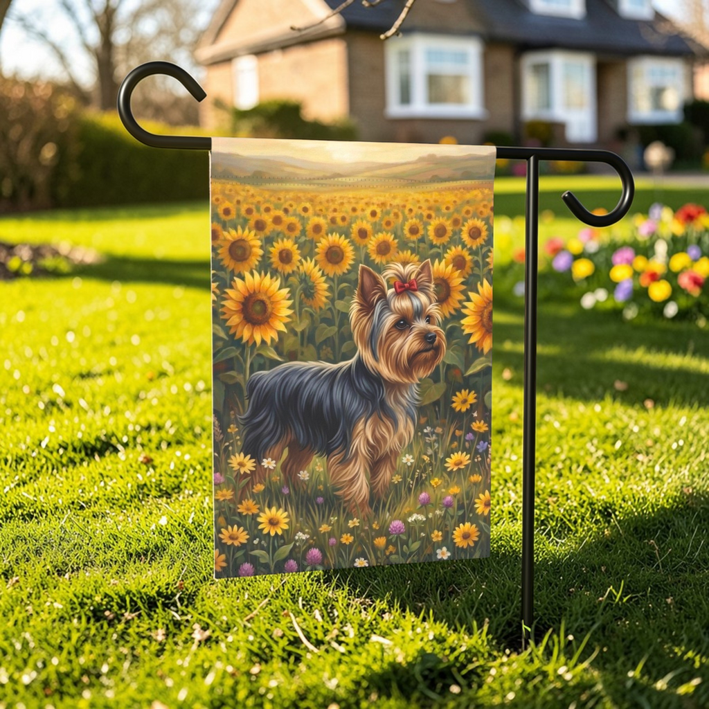 Sunflower Field Yorkshire Terrier Garden Flag - front view - Dragonfire Gardens