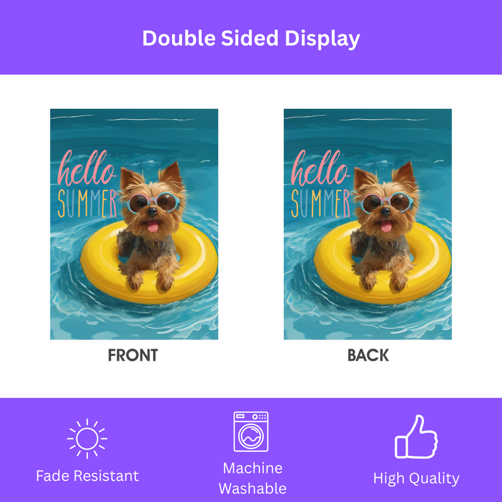 Hello Summer Yorkshire Terrier Garden Flag - porch decor - Dragonfire Gardens