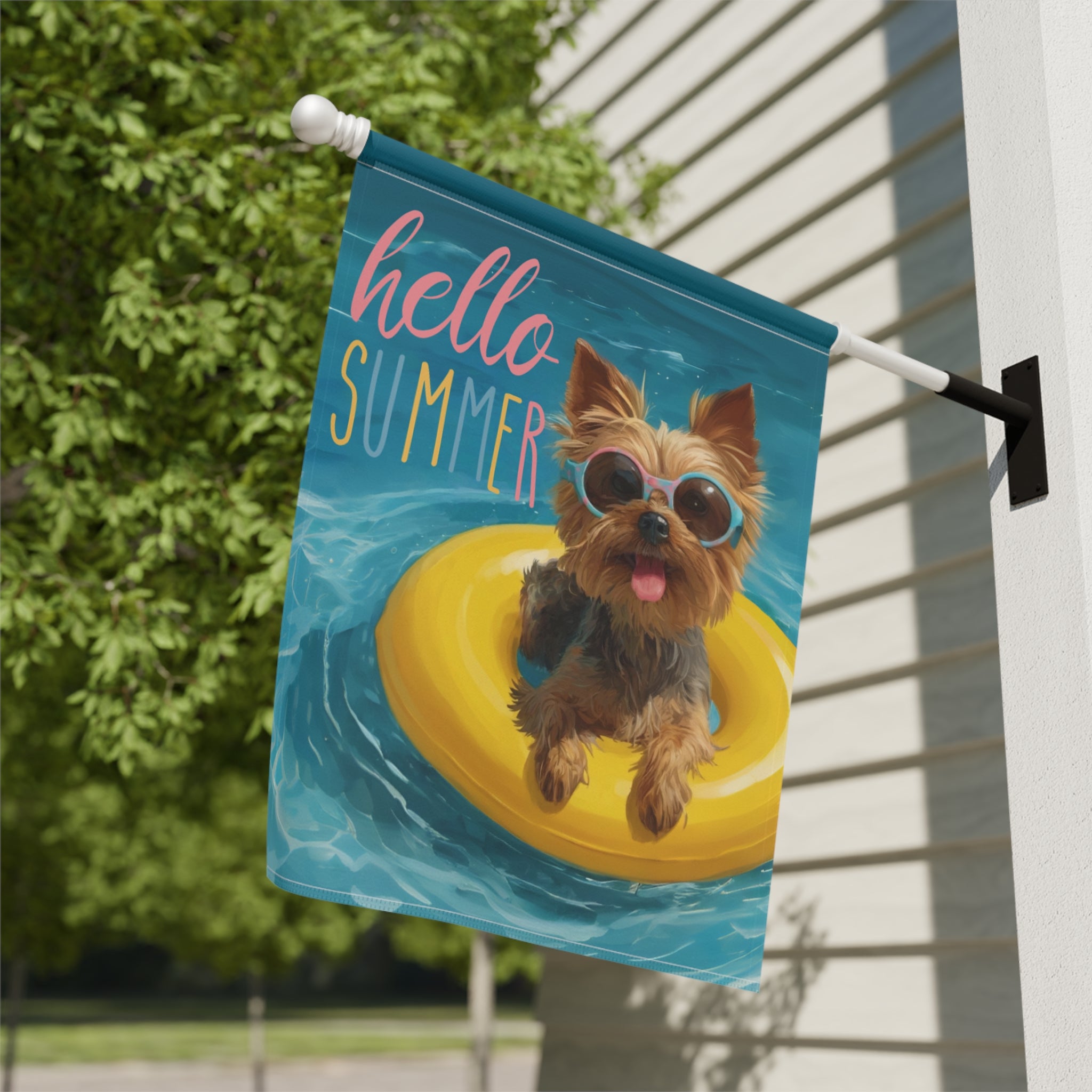 Hello Summer Yorkshire Terrier Garden Flag - yard display - Dragonfire Gardens